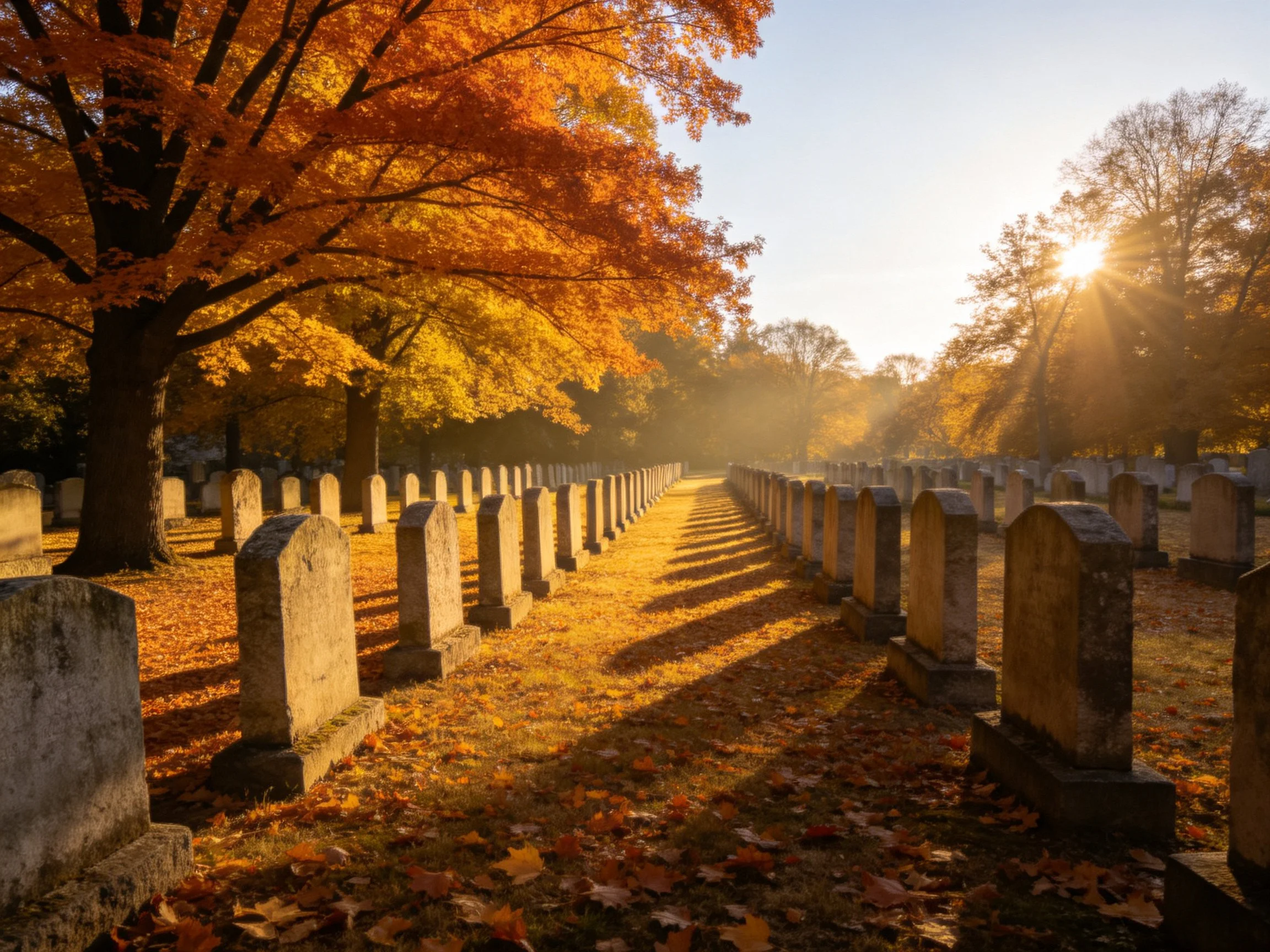Sunlit Autumn Cemetery with Orange-leafed Trees and Gravestones