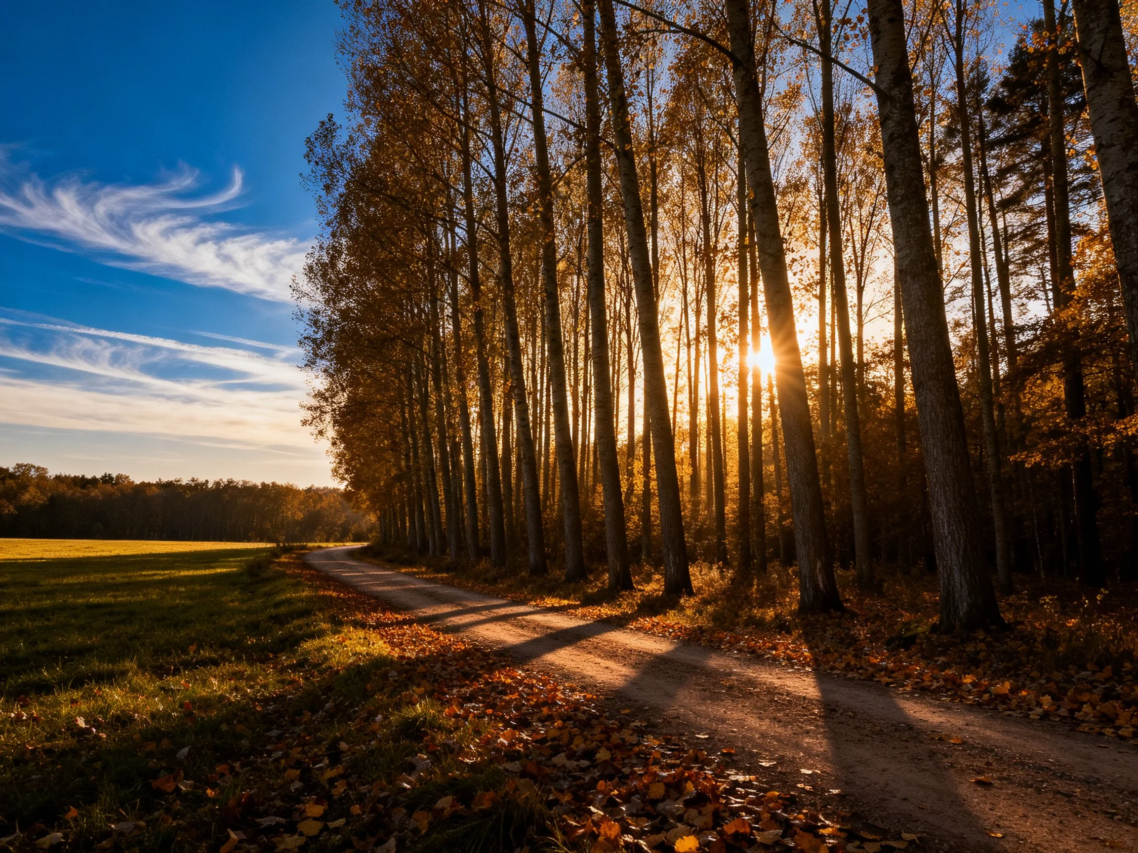 Sunlit Autumn Forest Path with Golden Trees and Fallen Leaves