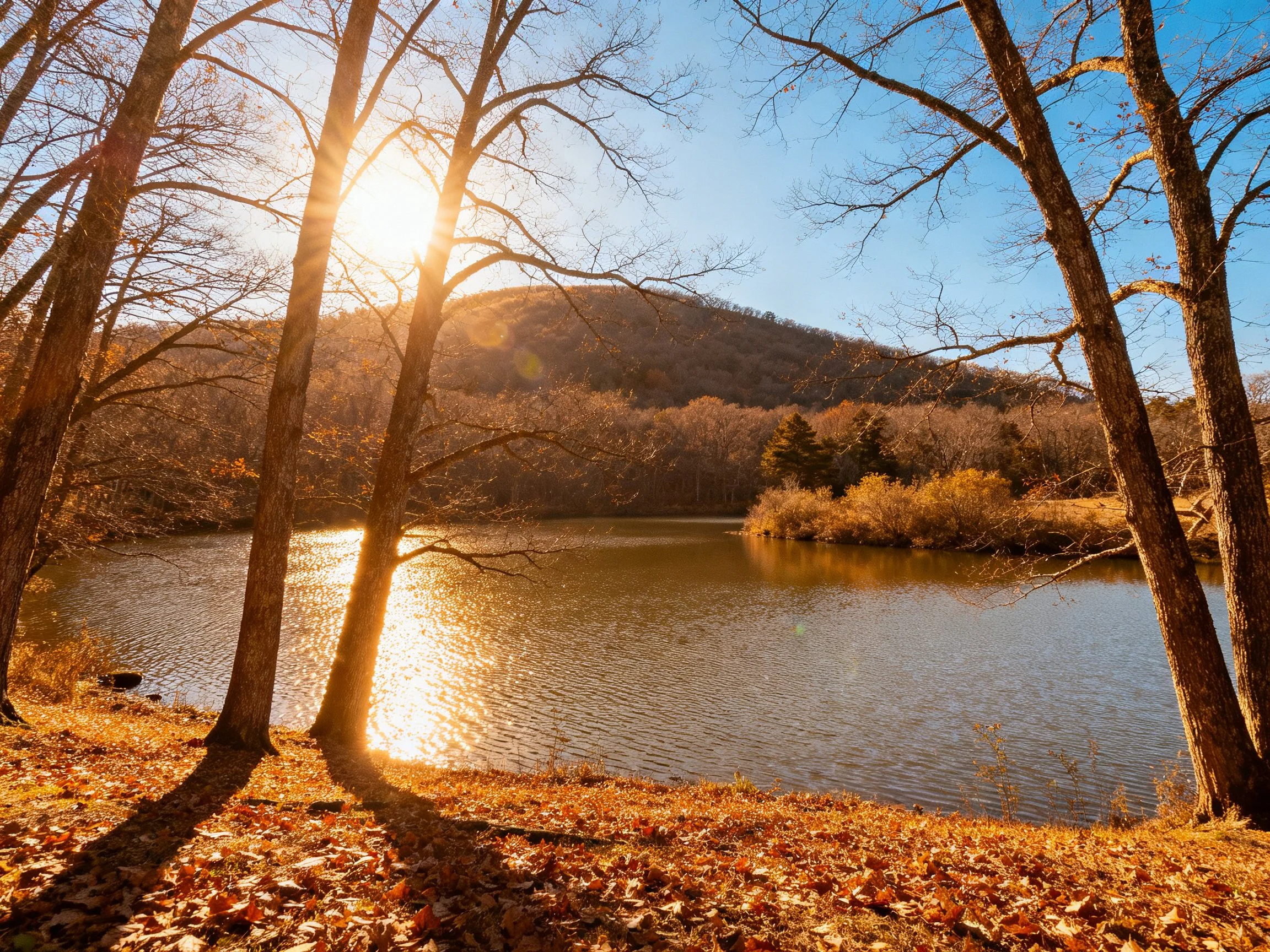 Sunlit Autumn Lake Among Bare Trees and Rolling Hill
