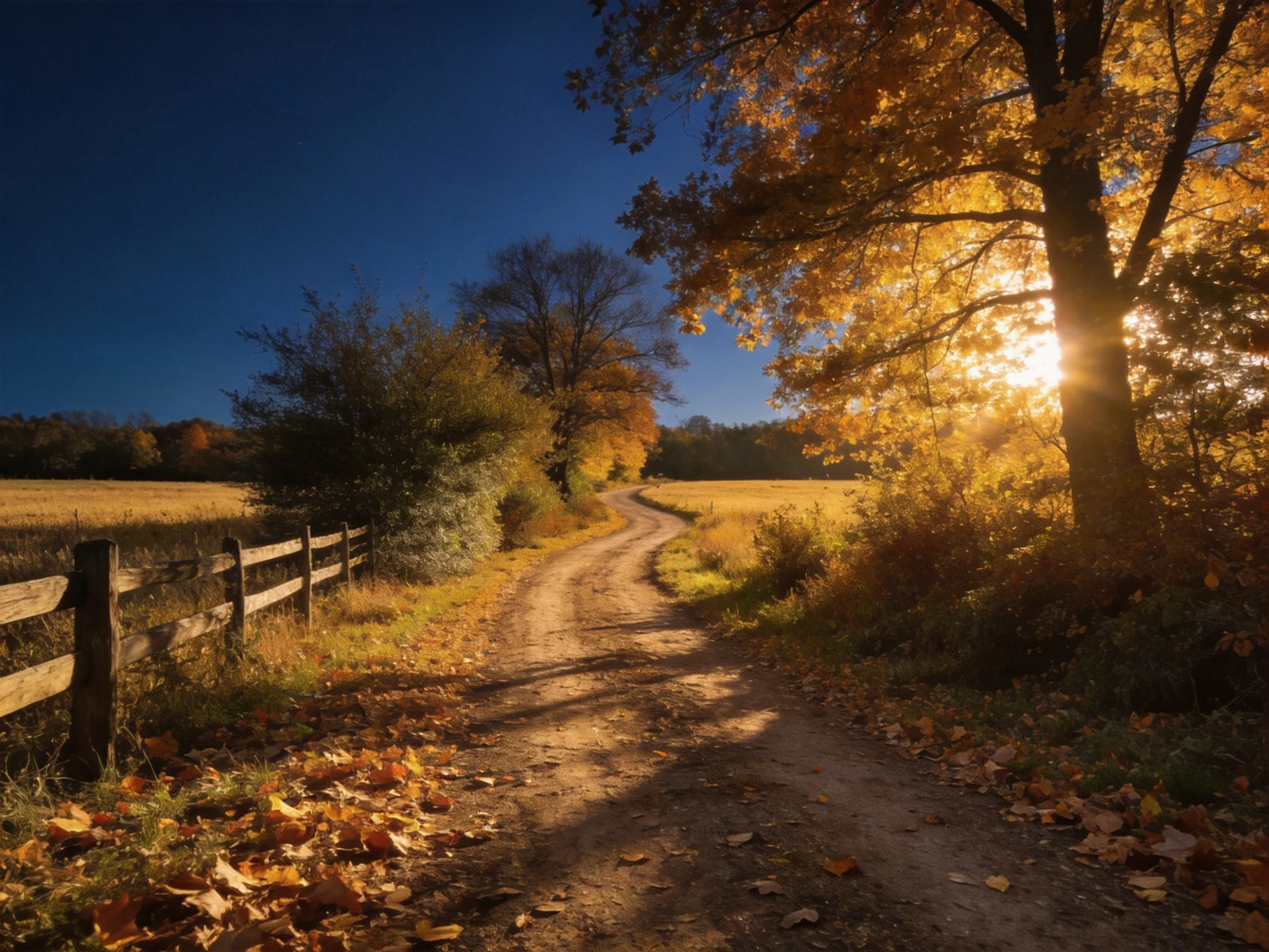 Sunlit Dirt Road Through Golden Autumn Landscape