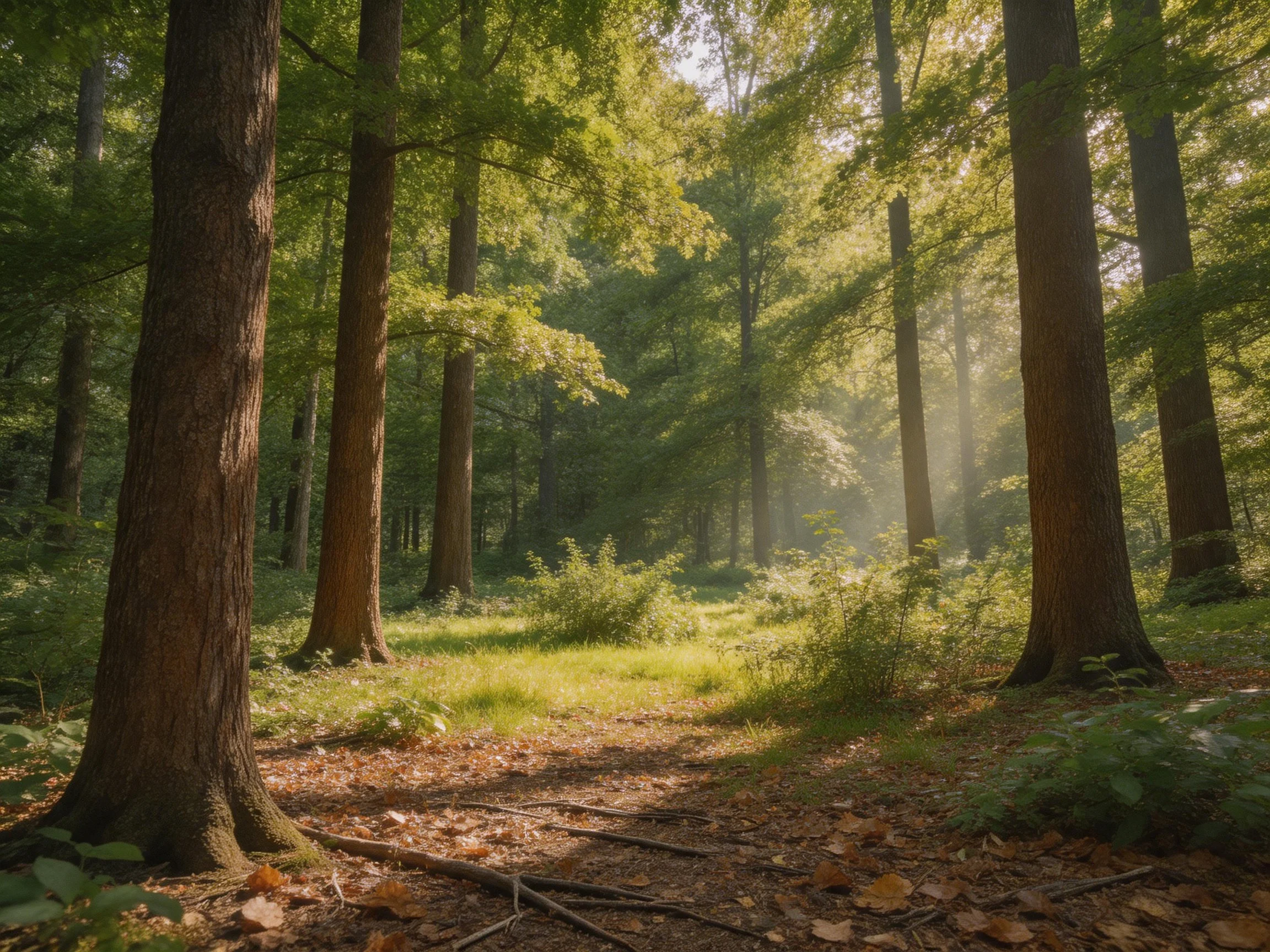 Sunlit Forest Path Surrounded By Tall Trees And Dense Greenery