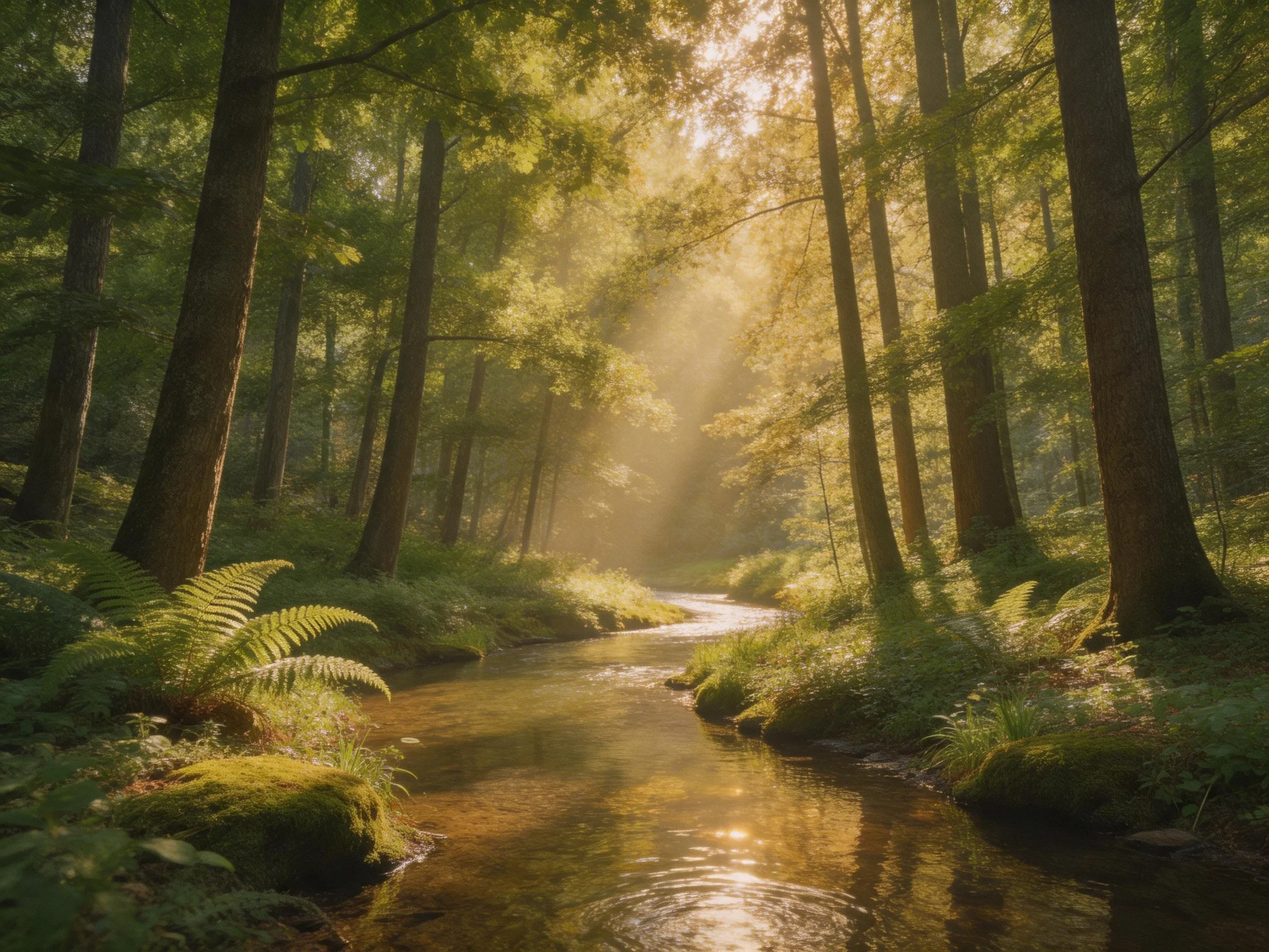 Sunlit Forest Stream with Ferns and Mossy Banks