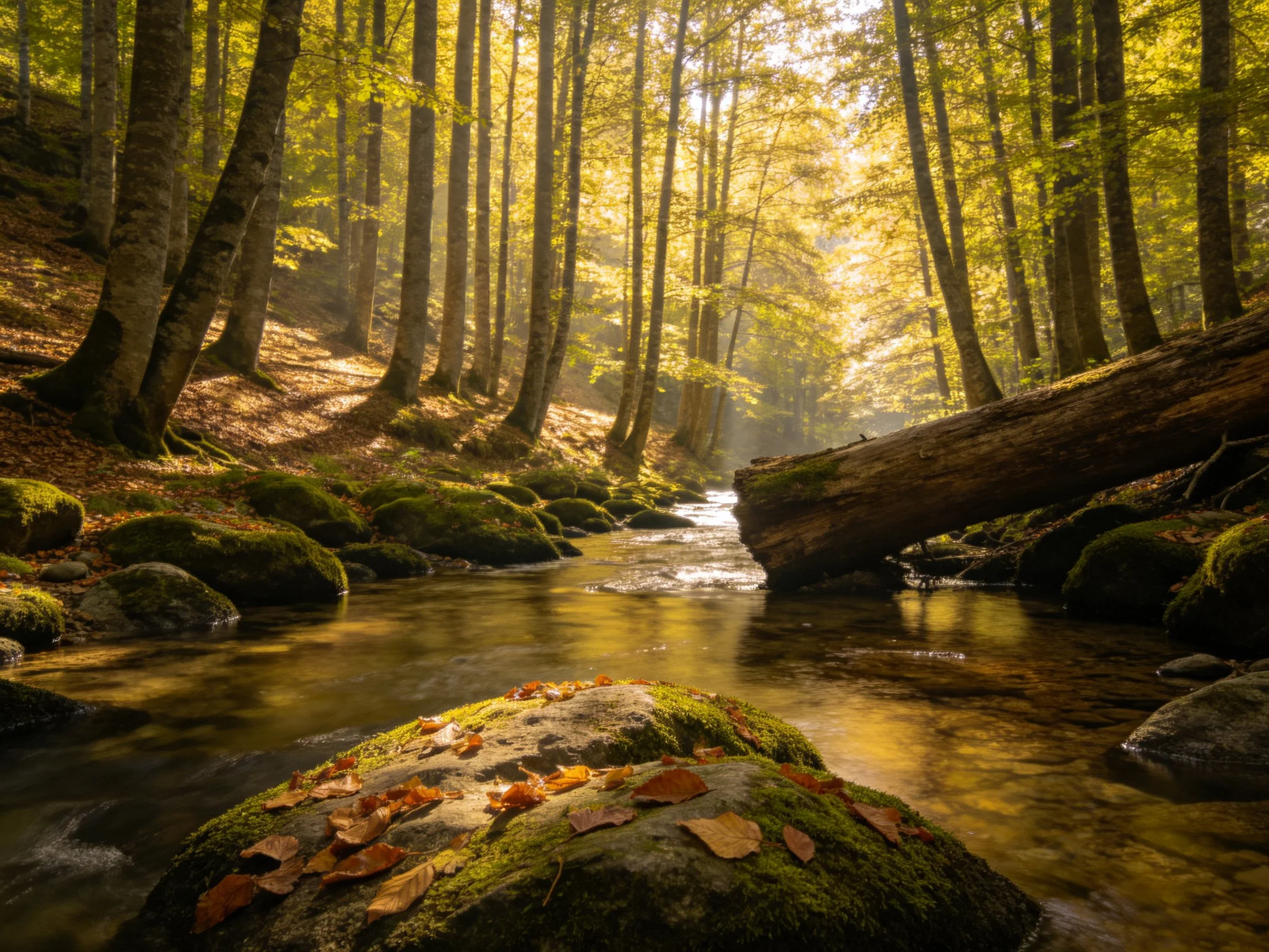 Sunlit Forest Stream with Moss-Covered Rocks and Fallen Log