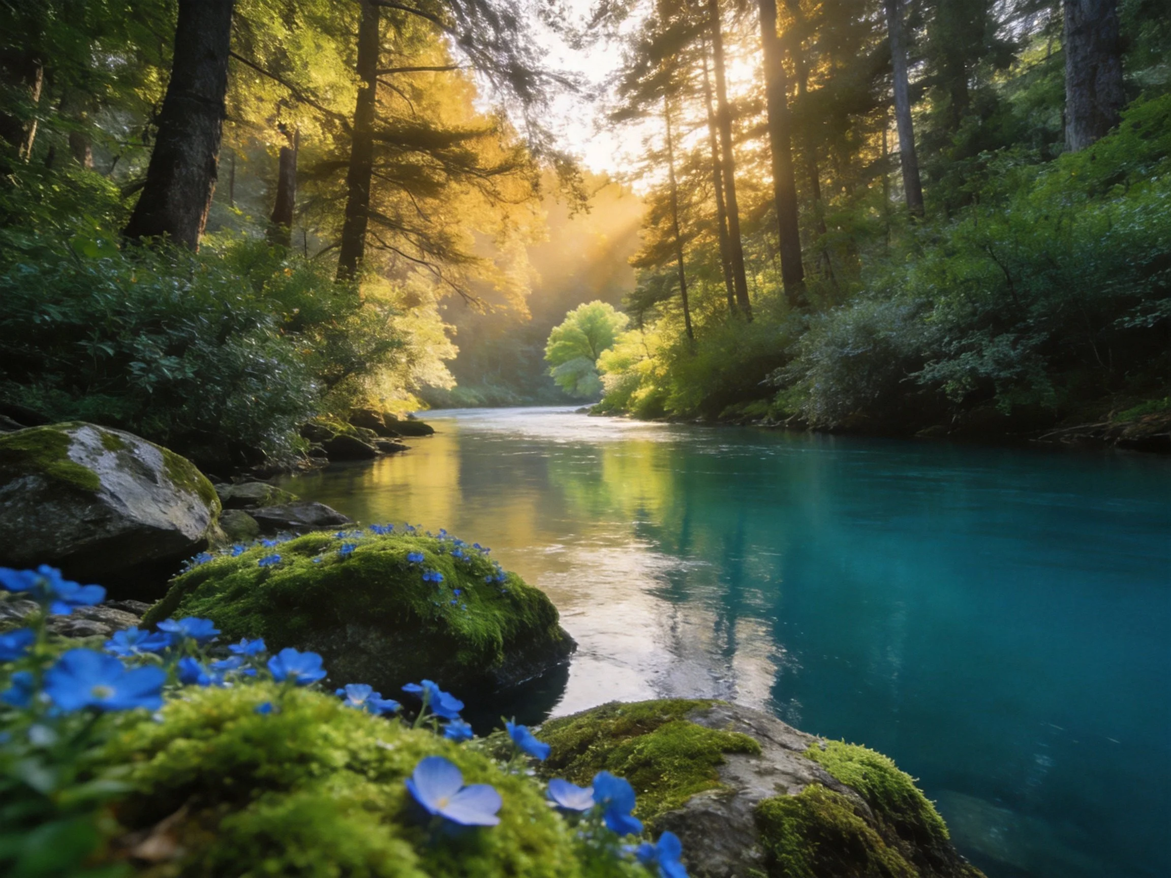 Sunlit Forest Stream with Turquoise Water and Blue Wildflowers