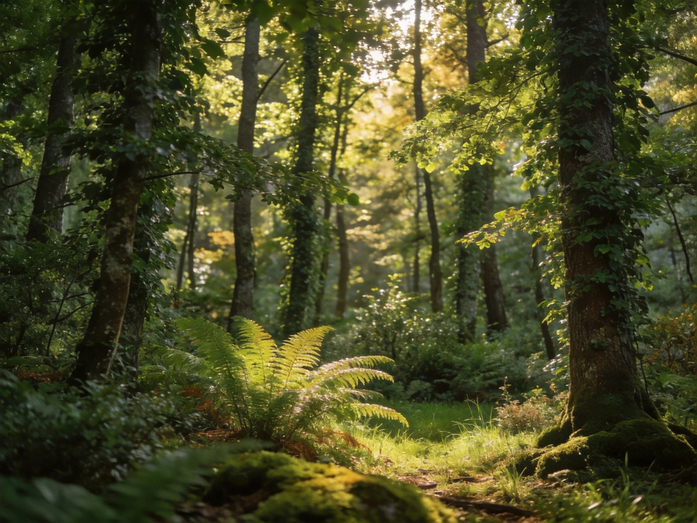 Sunlit Forest with Ferns and Moss-Covered Trees