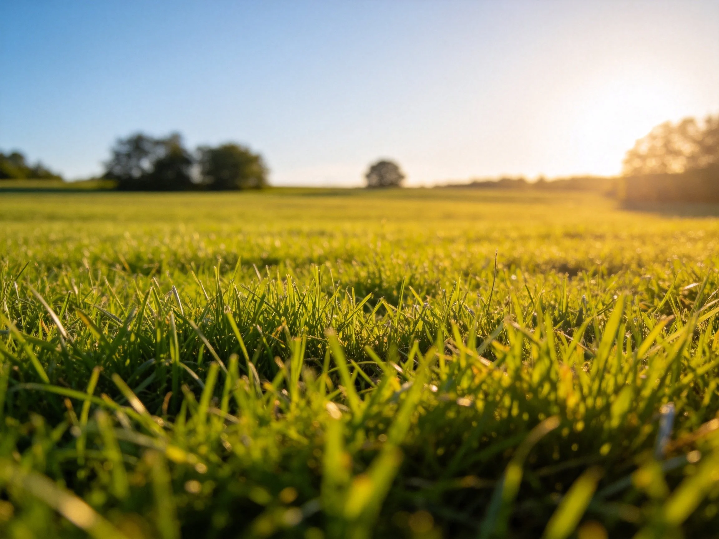 Sunlit Green Grass Field with Distant Trees