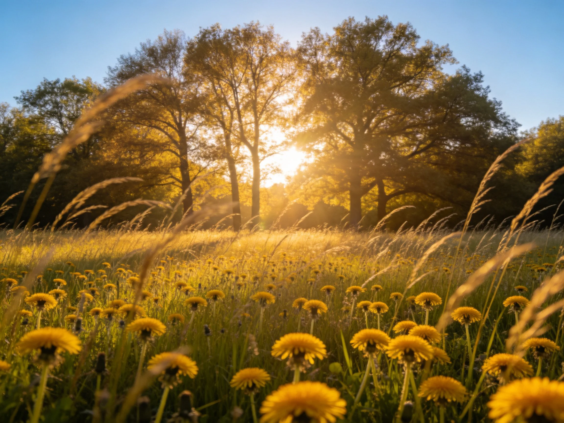 Sunlit Meadow with Yellow Daisies and Tall Grasses Near Trees