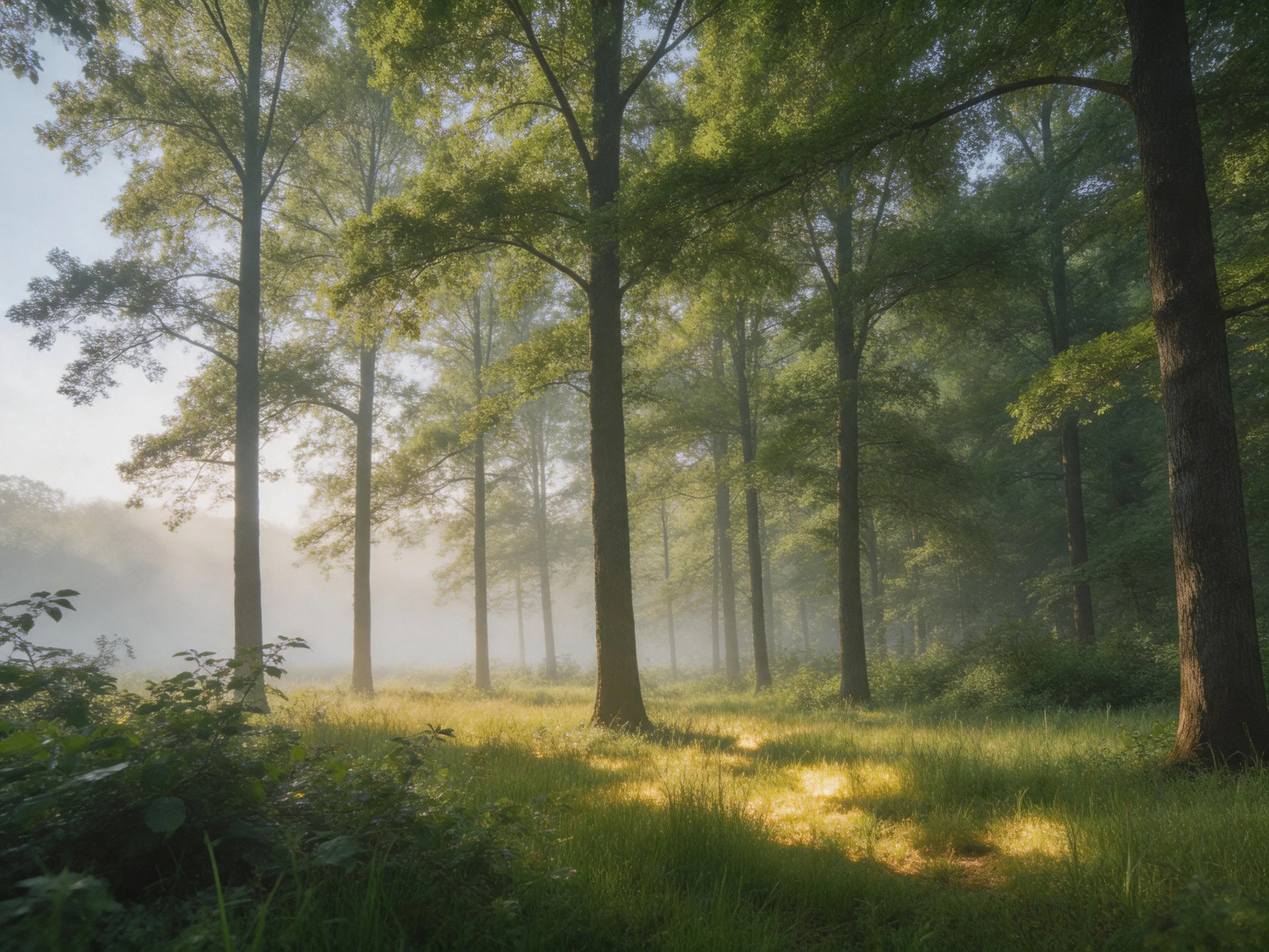 Sunlit Misty Forest with Tall Trees and Lush Grass