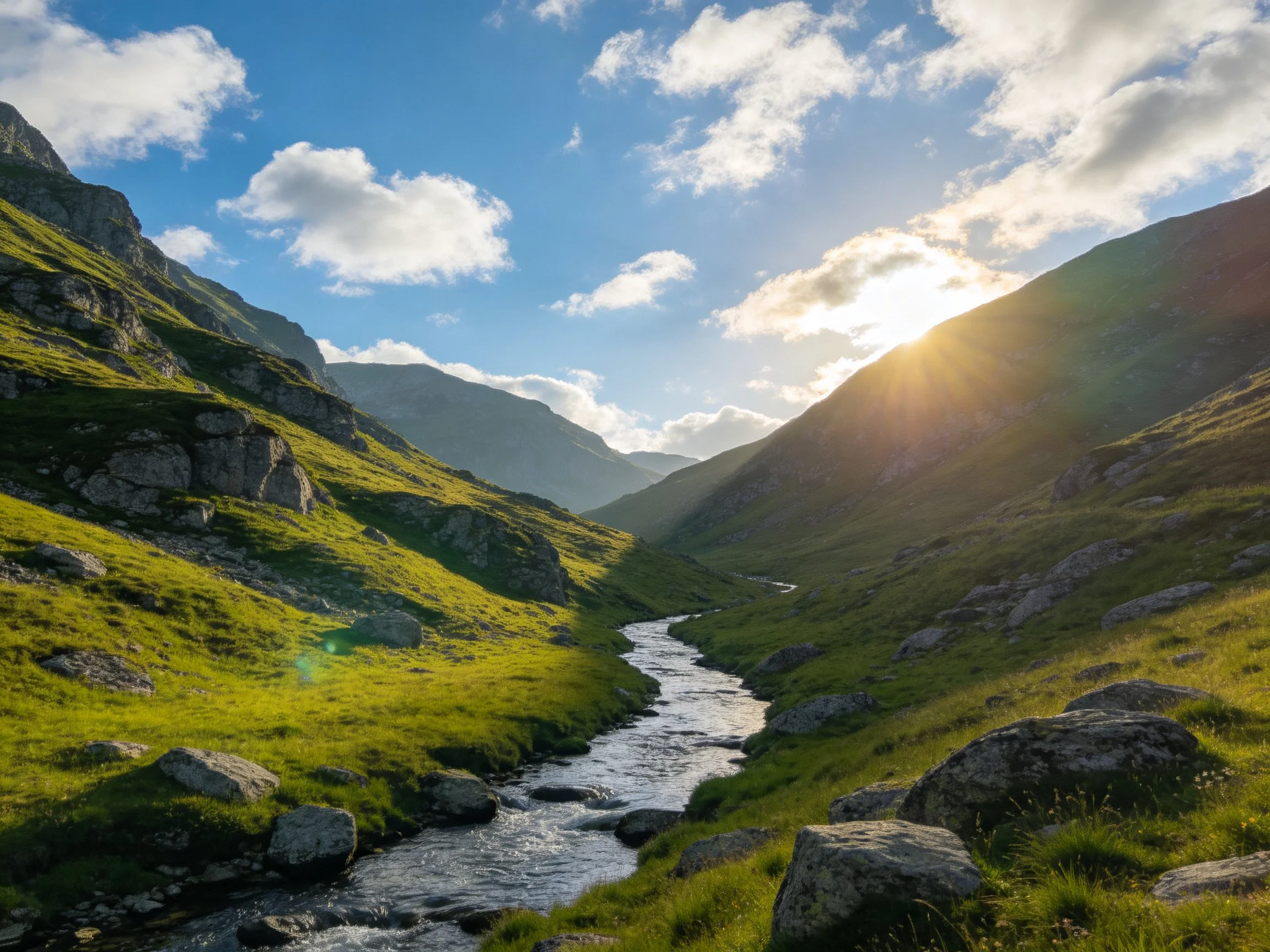Sunlit Mountain Valley Stream Among Green Hills