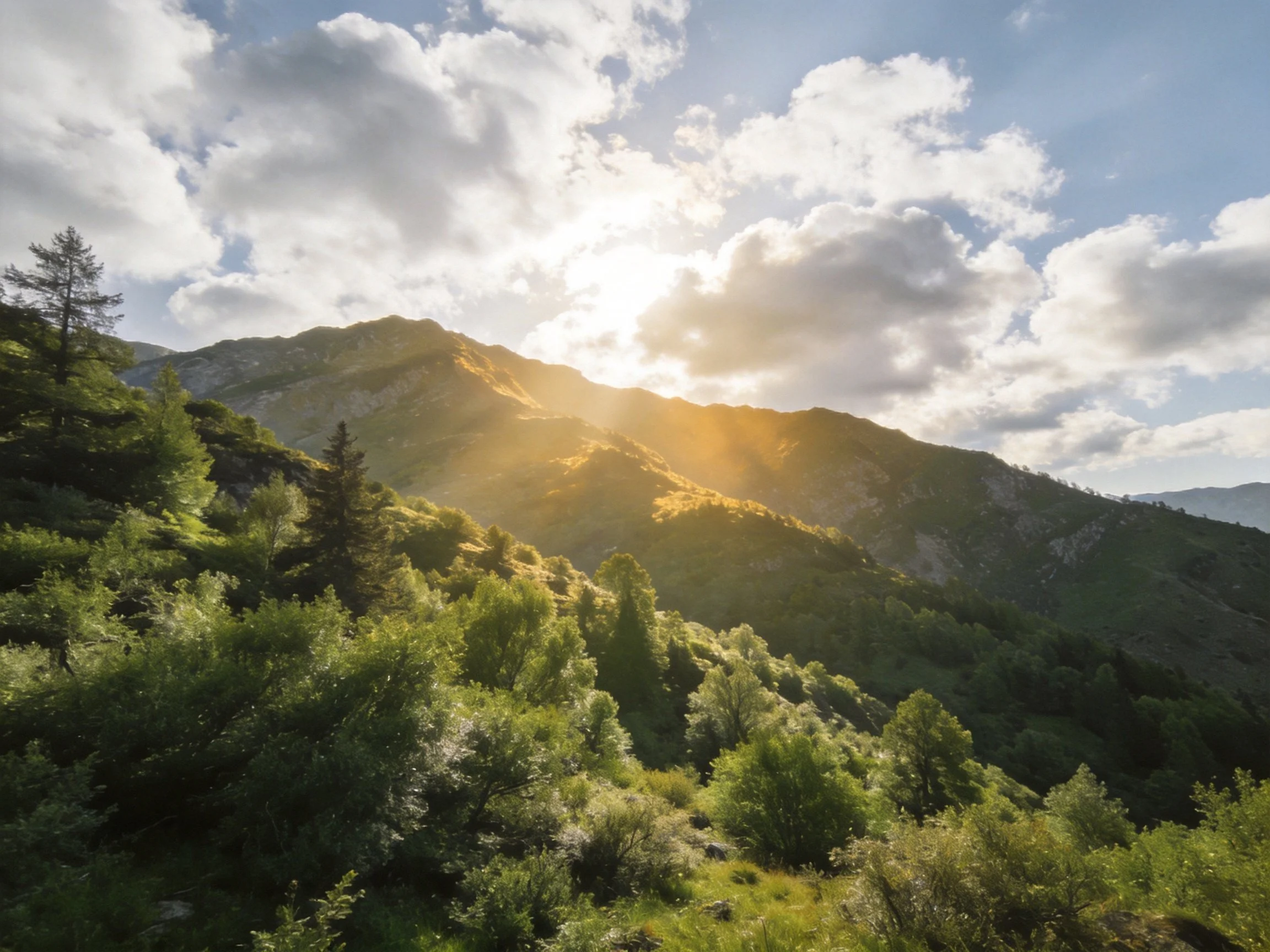 Sunlit Mountain Valley With Lush Green Vegetation