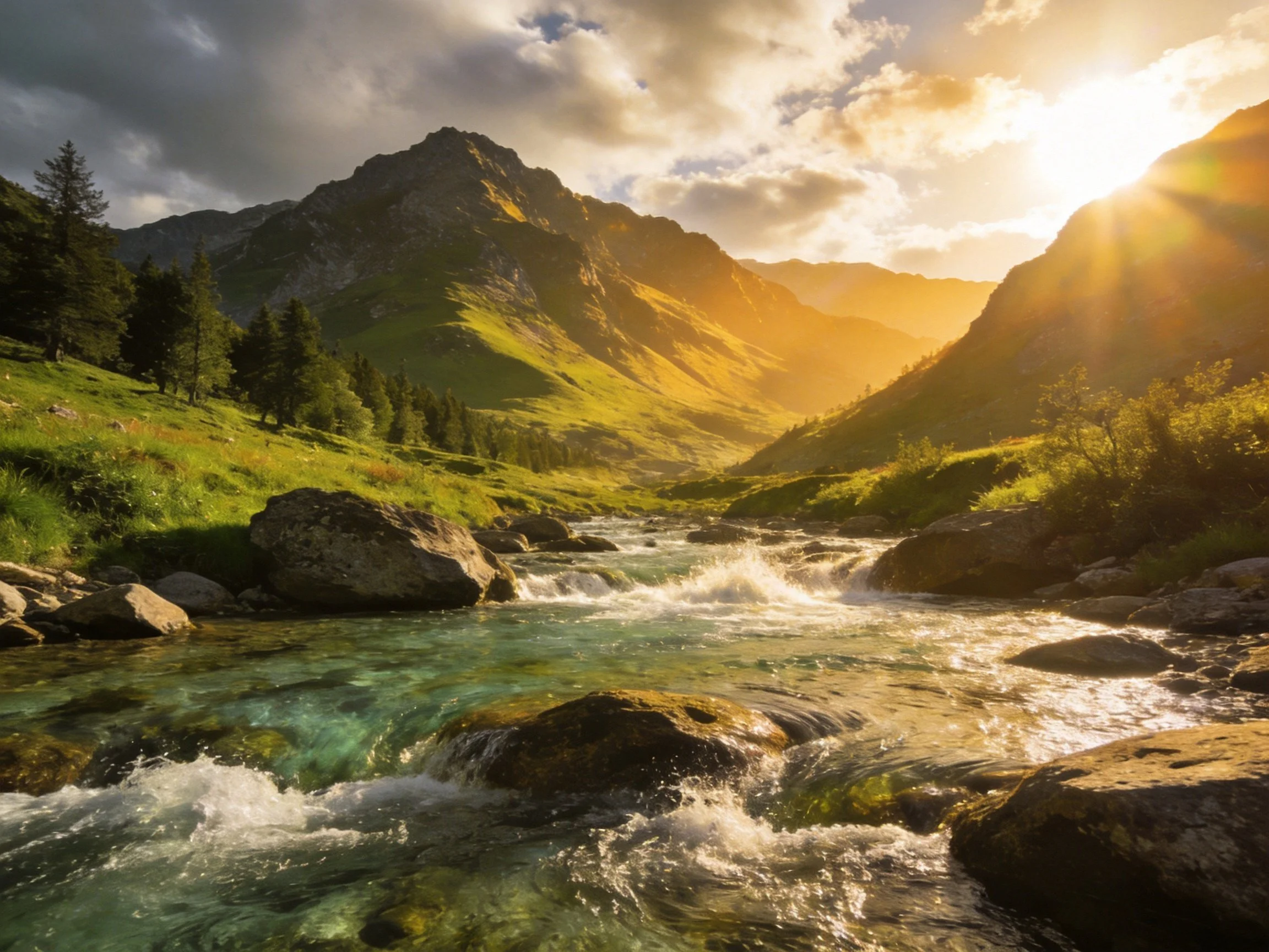 Sunlit Mountain Valley with Rushing Stream and Green Slopes