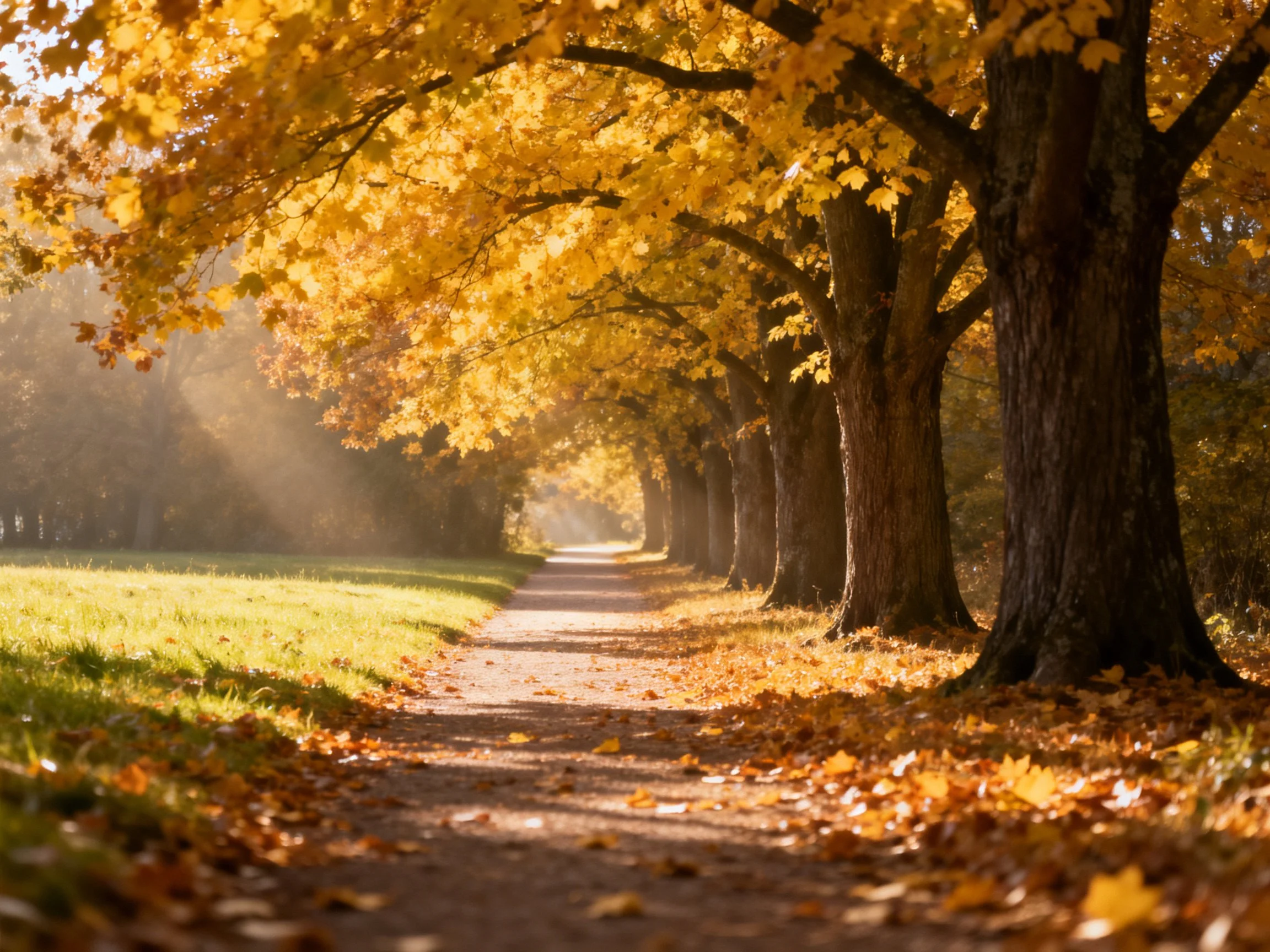 Sunlit Path Through Golden Autumn Trees