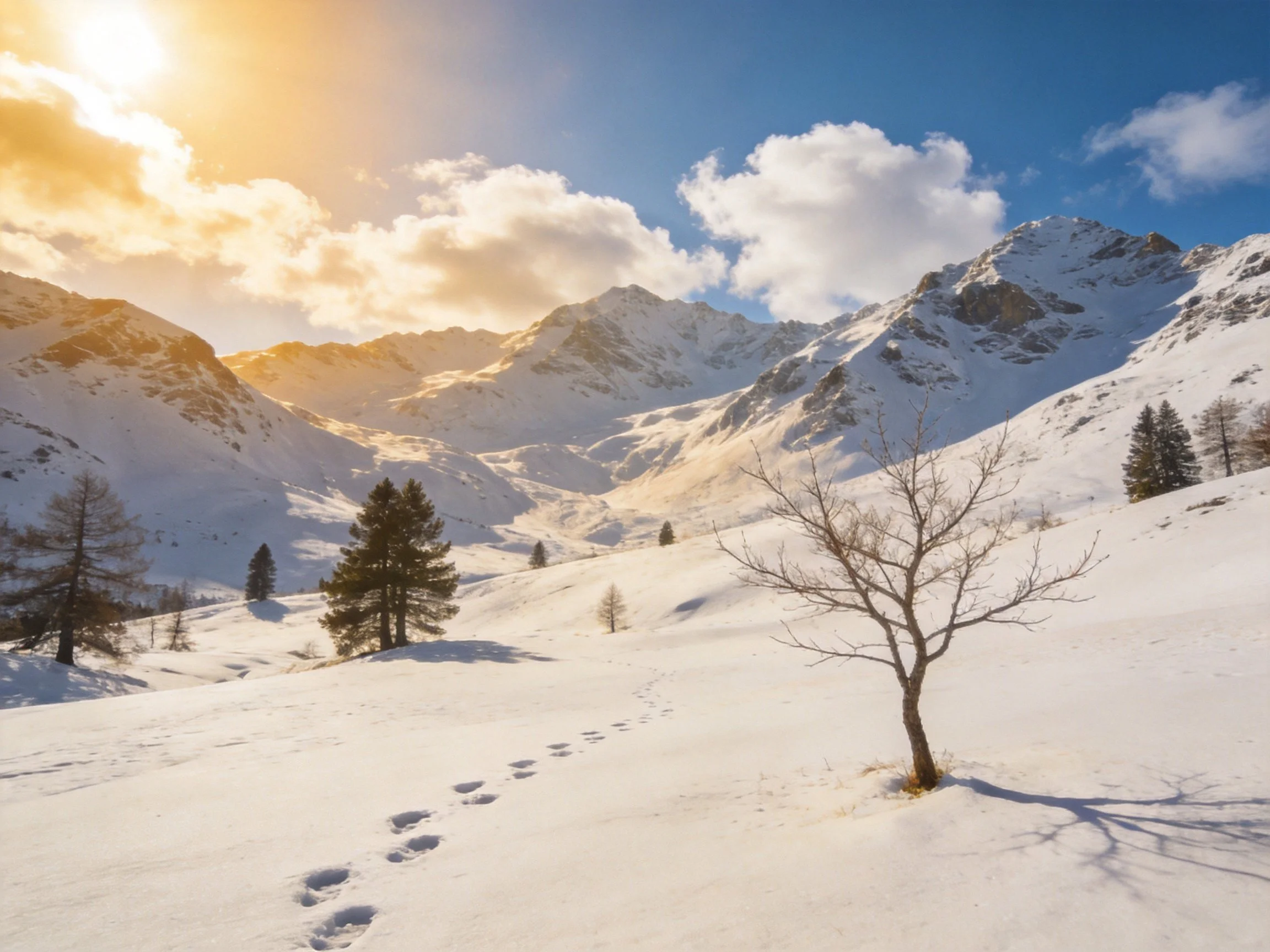 Sunlit Snowy Mountain Valley with Scattered Evergreen Trees