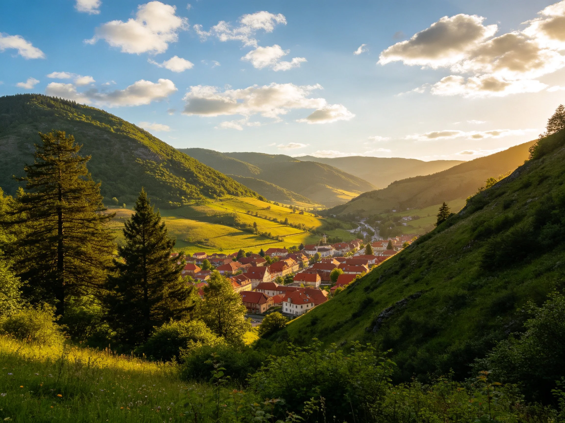 Sunlit Valley with Red-Roofed Village, Lush Green Hills
