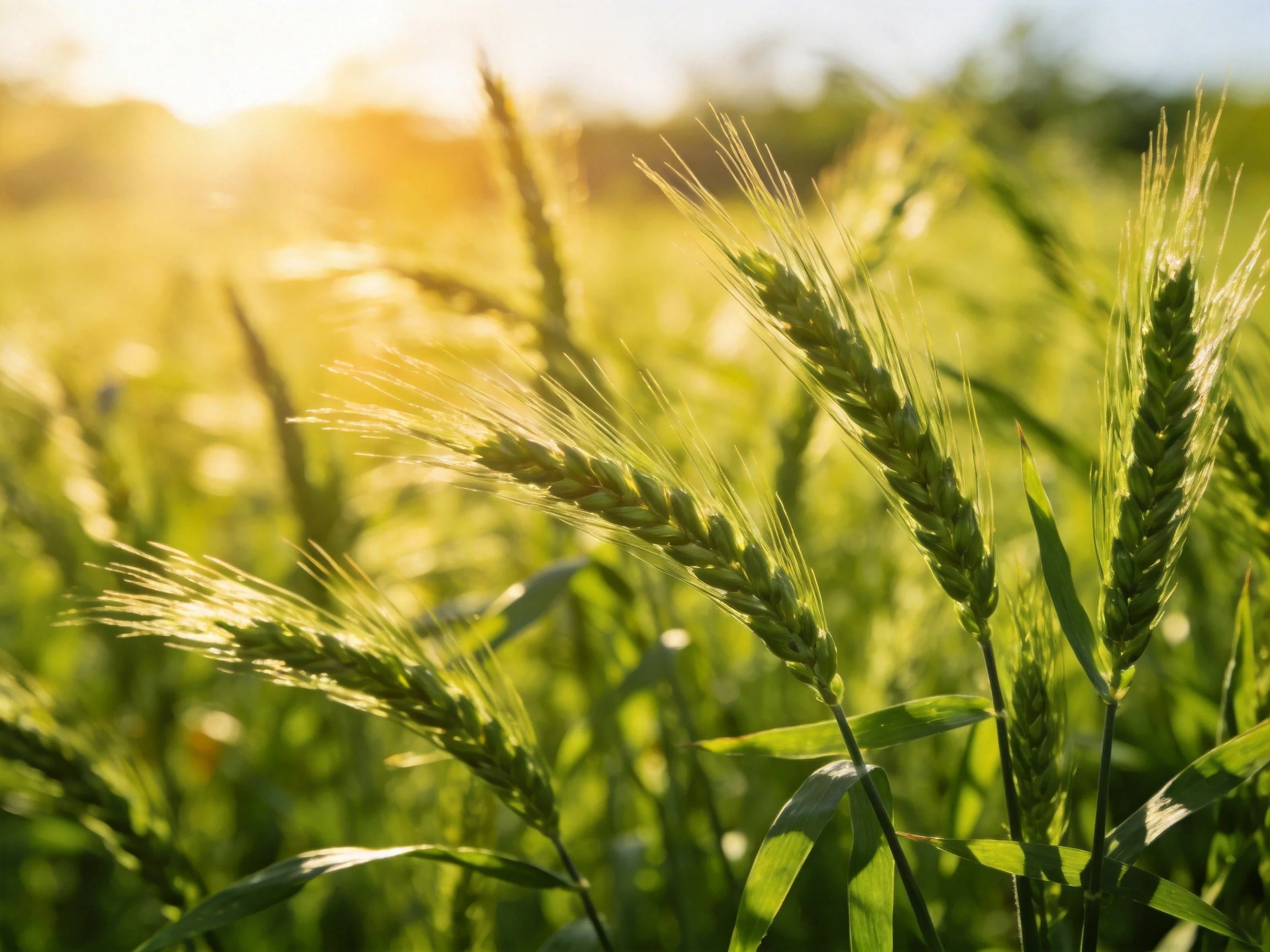 Sunlit Wheat Field with Lush Green Stalks and Golden Light