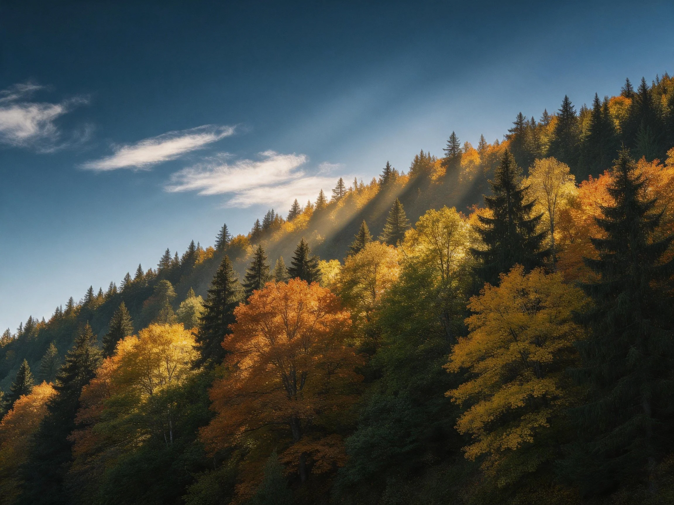 Sunlit autumn forest with golden,orange, and green foliage