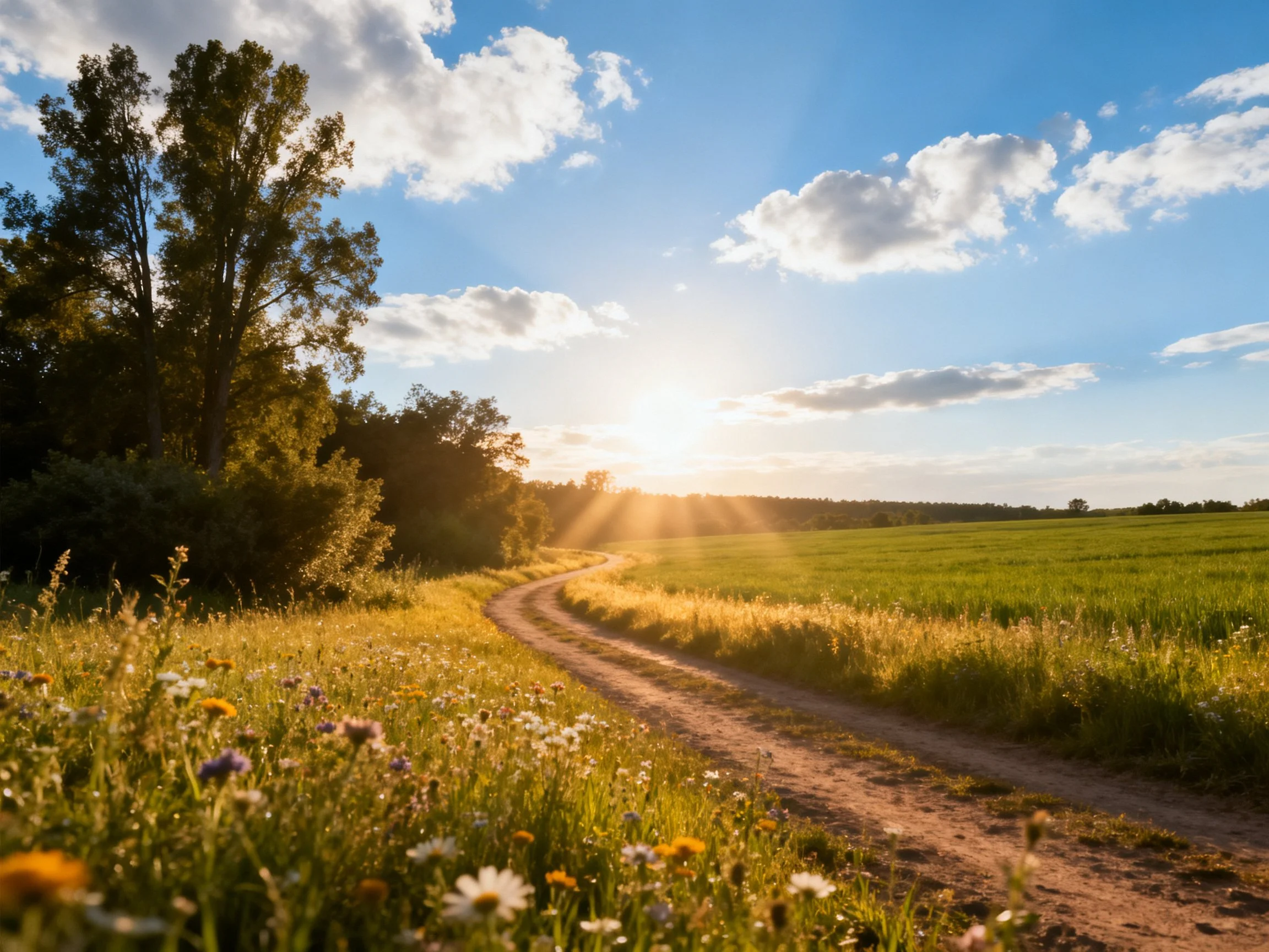 Sunlit dirt path winds through flower-filled meadow near tall trees