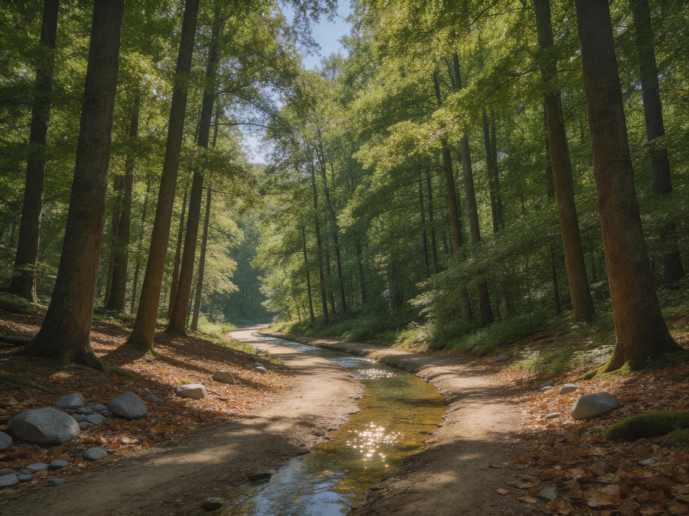 Sunlit forest path with tall trees and a winding stream