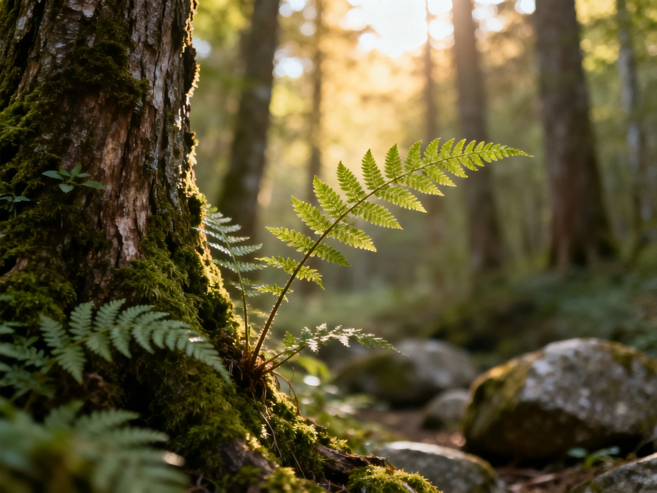 Sunlit forest with mossy tree and ferns