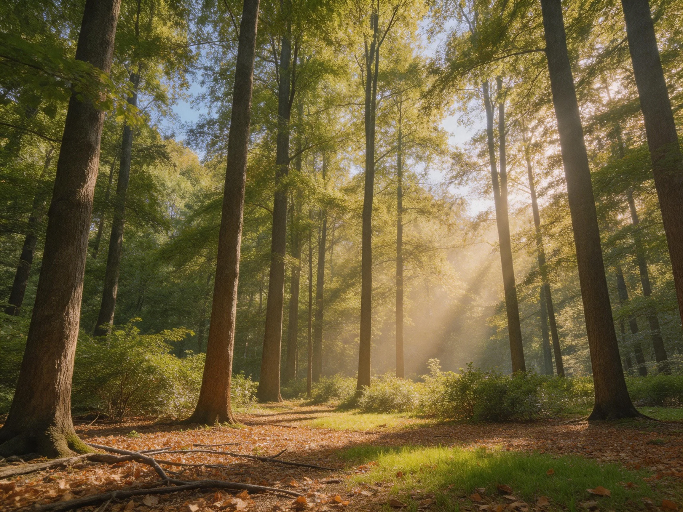 Sunlit forest with tall trees and golden morning rays