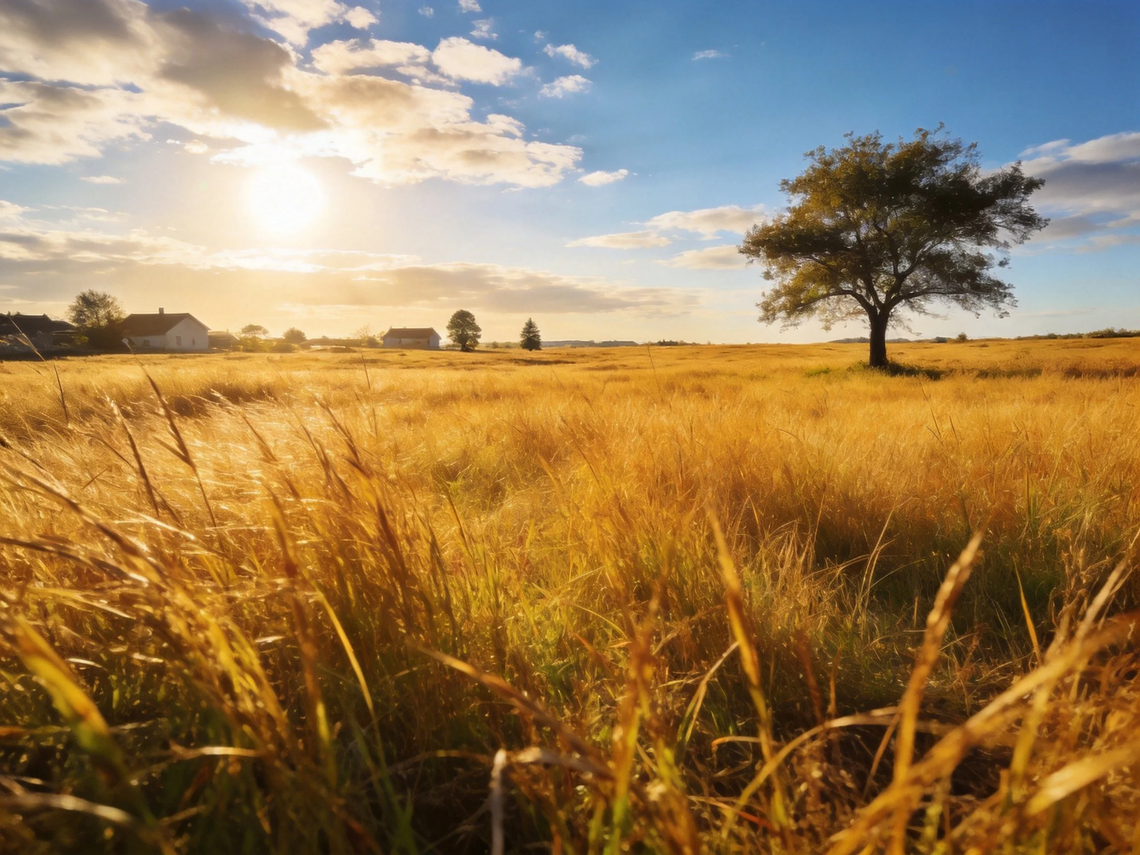 Sunlit golden field with lone tree and distant homes