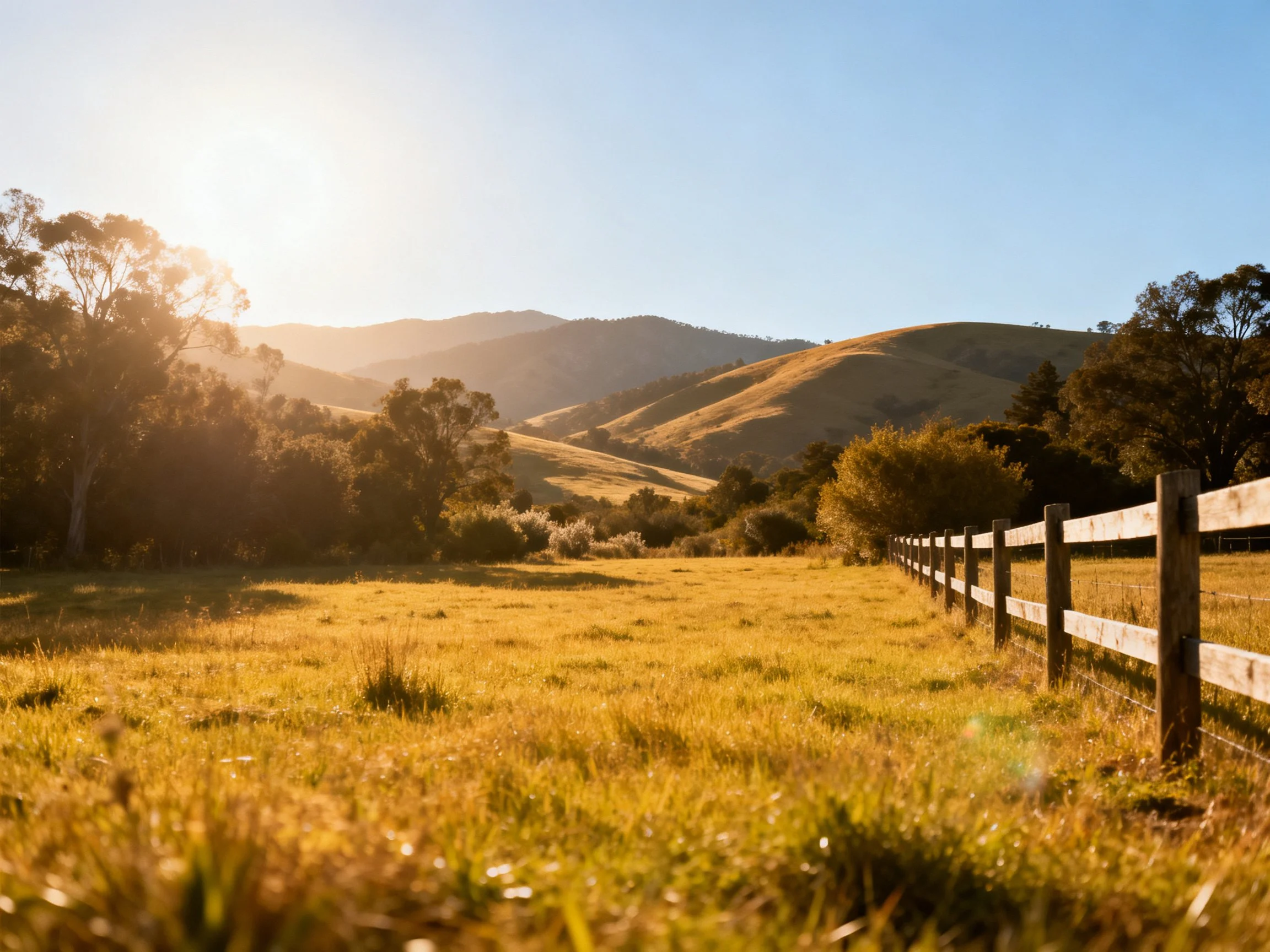 Sunlit golden field with wooden fence near rolling hills