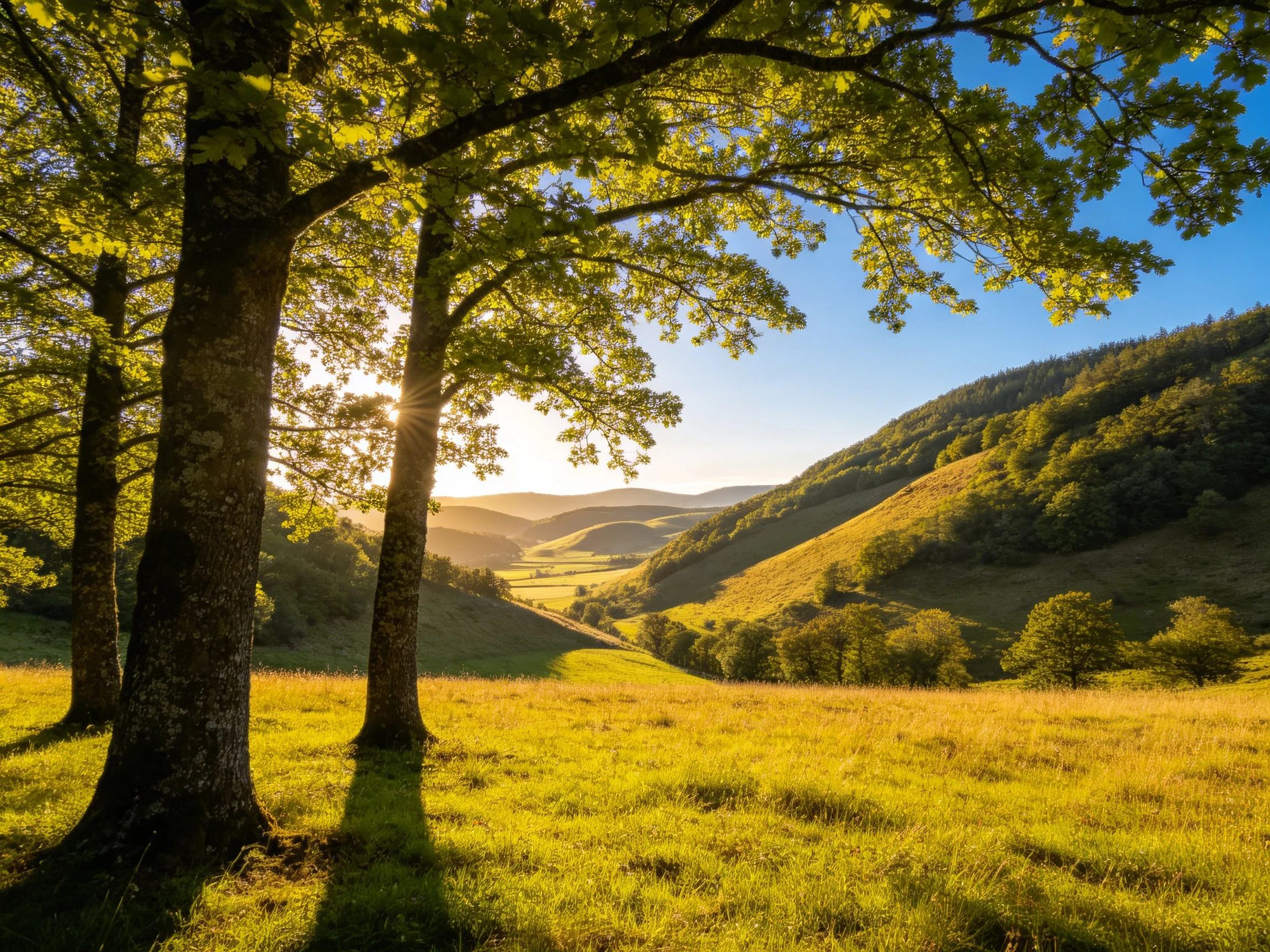 Sunlit meadow with tall trees and rolling green hills