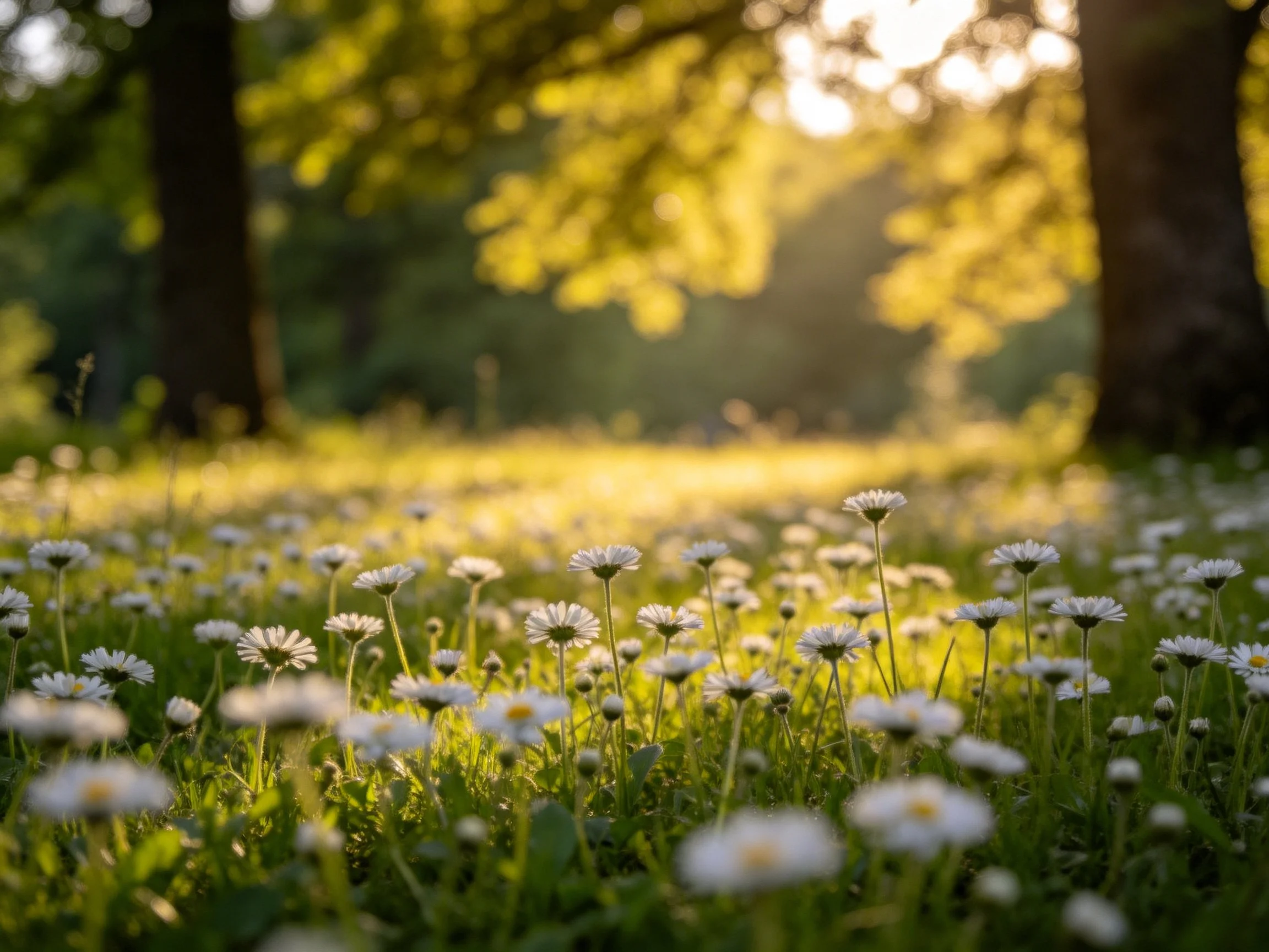 Sunlit meadow with white daisies and large trees