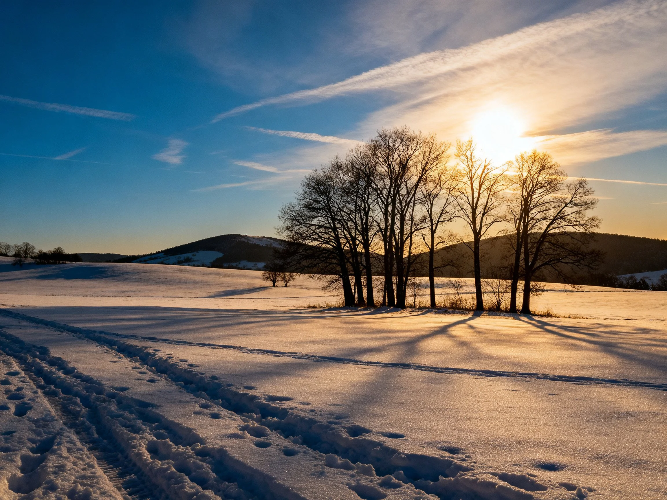 Sunlit snowy field with bare trees and distant hills