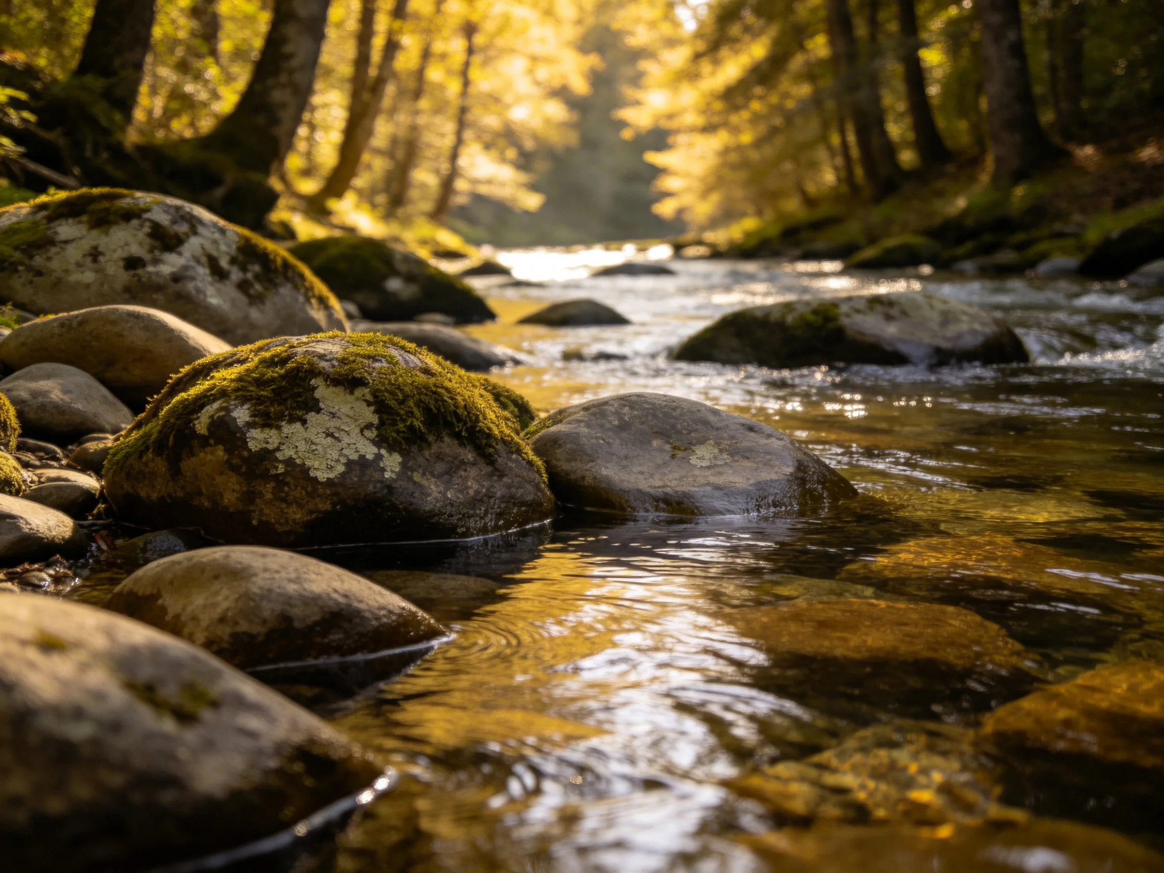 Sunlit stream with moss-covered rocks in forest