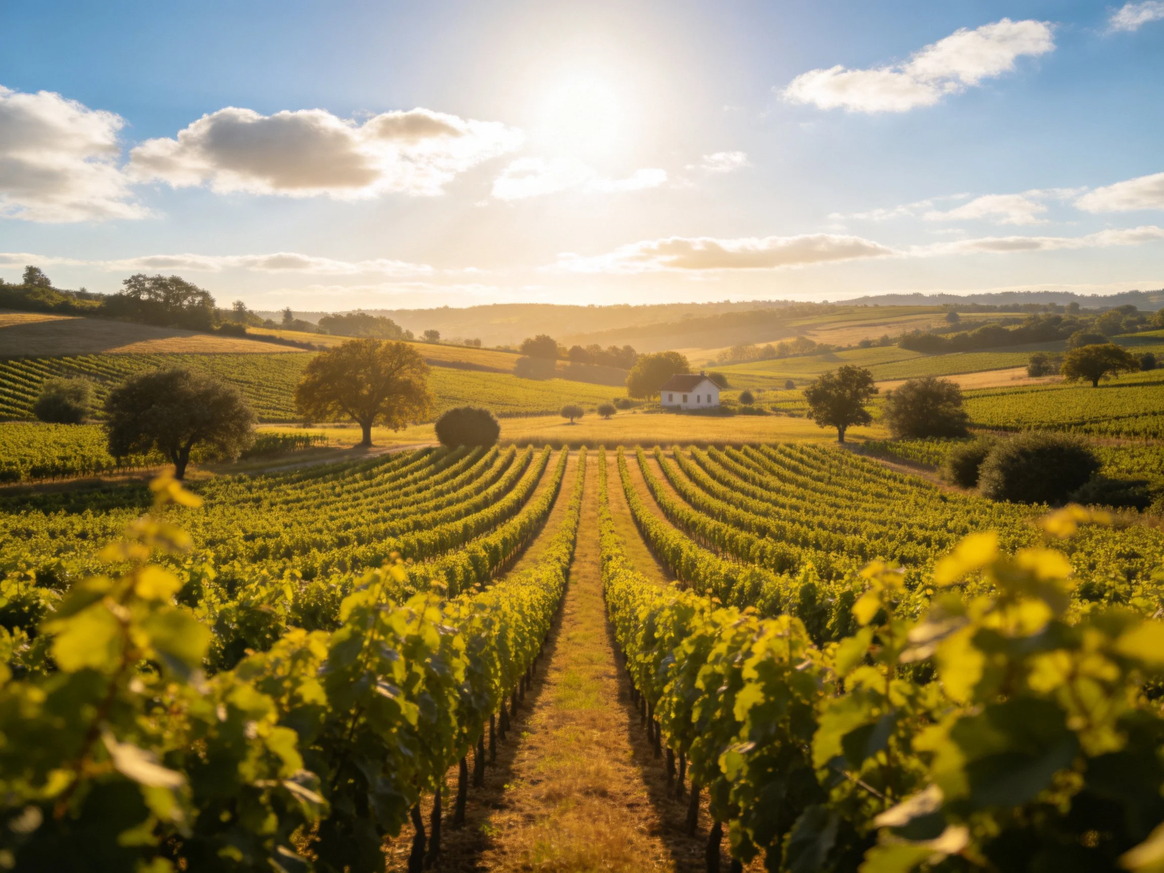 Sunlit vineyard rows stretch toward rolling hills with a white house