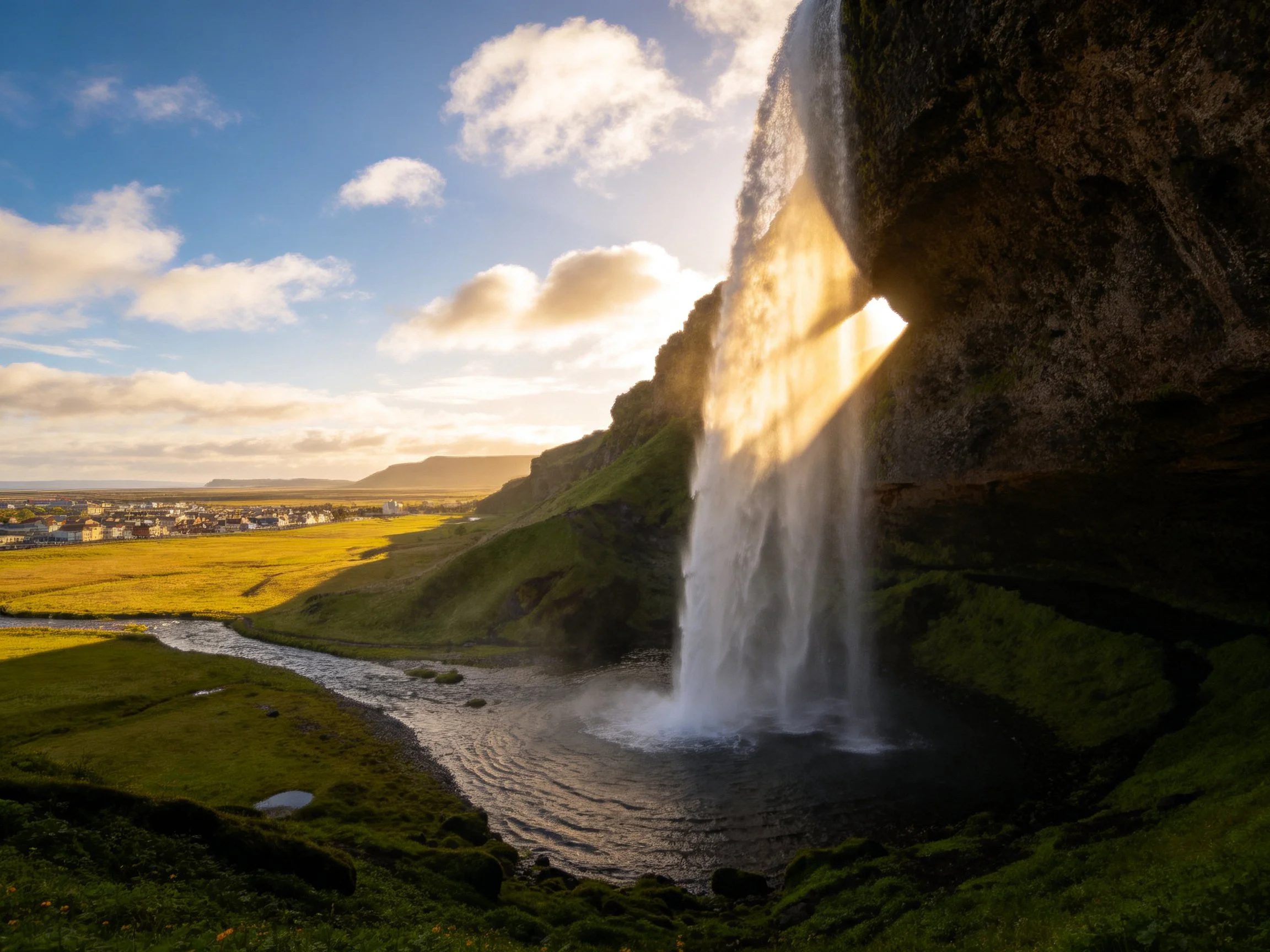 Sunlit waterfall cascades over mossy cliffs into serene pool