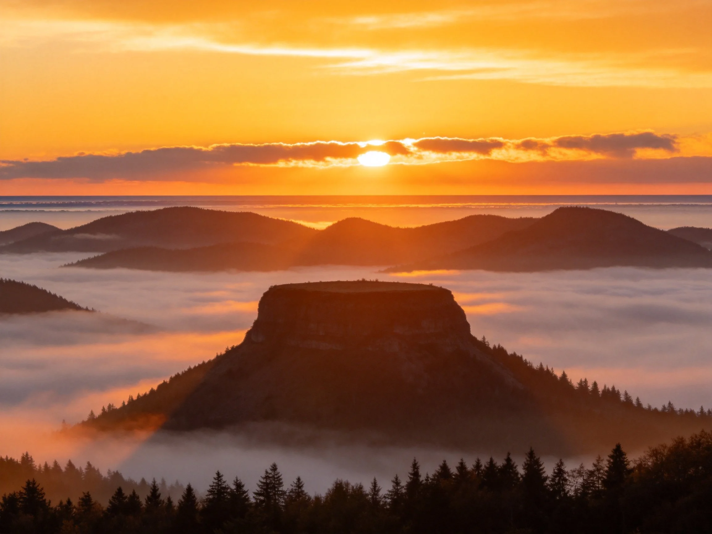 Sunrise illuminates mountain plateau above sea of fog