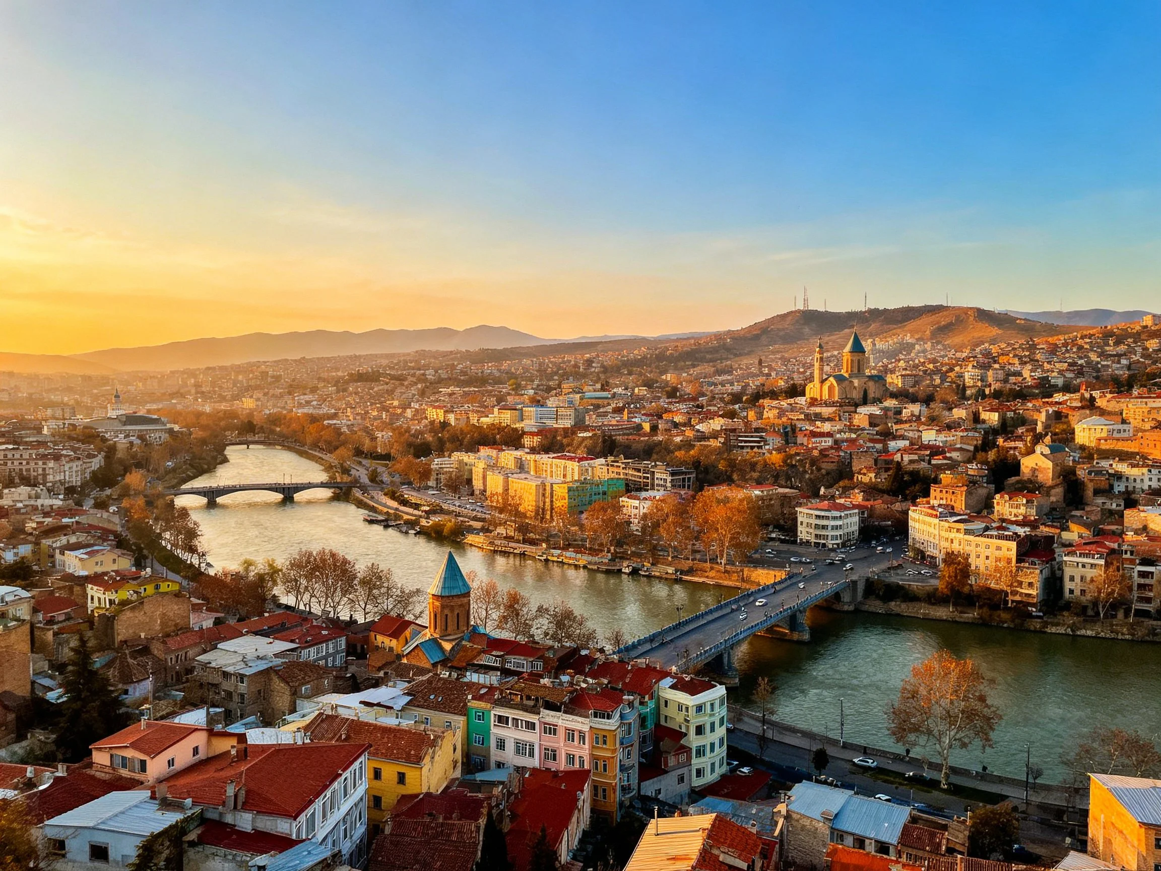 Sunset Illuminates Historic City With Rivers, Bridges, and Mountain Views