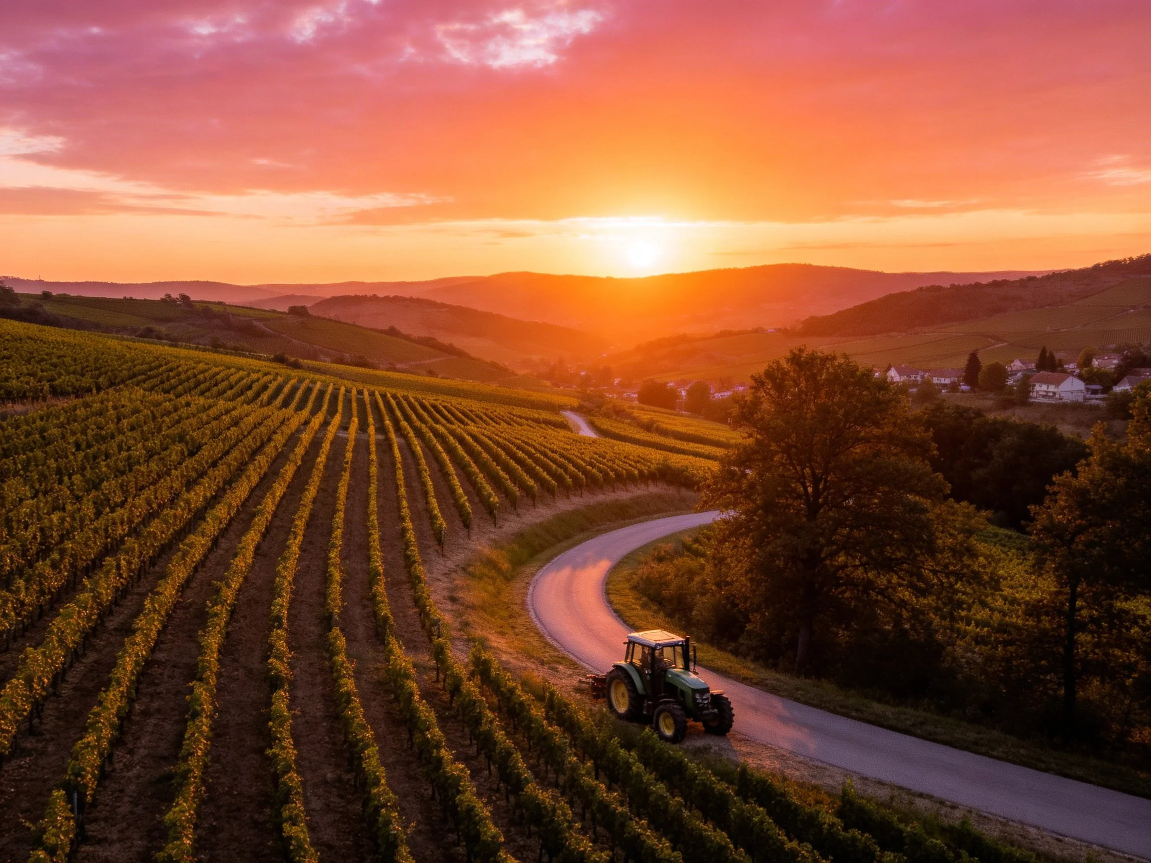 Sunset Illuminates Rolling Vineyard Rows with Tractor