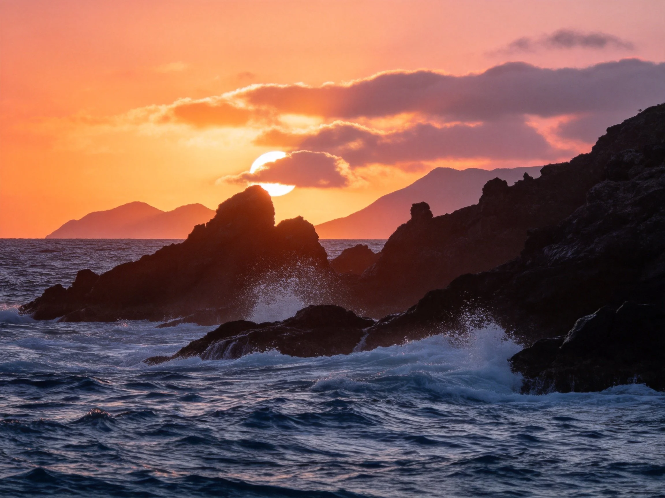 Sunset Illuminates Rugged Coastal Rocks and Churning Sea