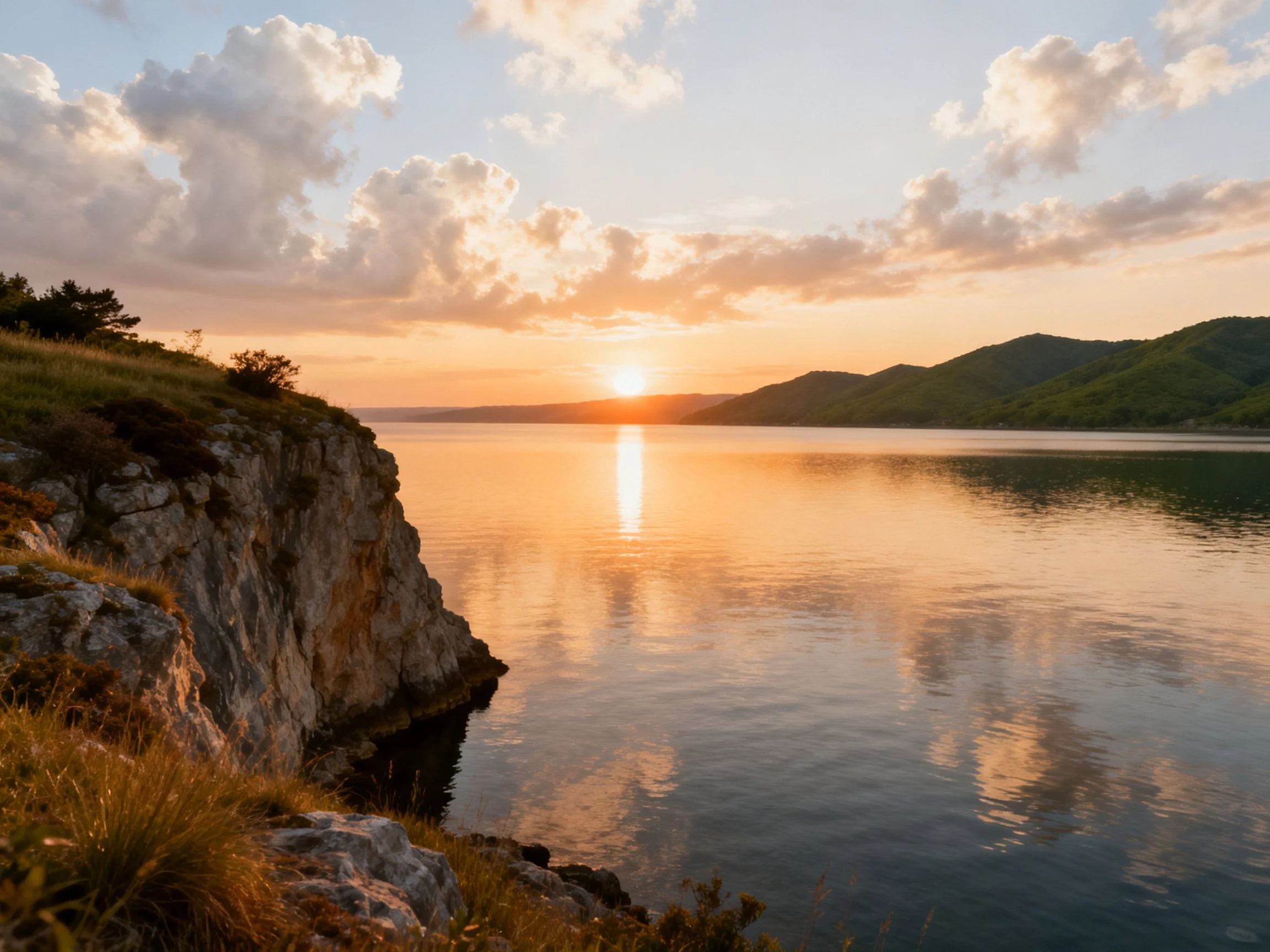 Sunset Over Calm Waters With Rocky Cliffs