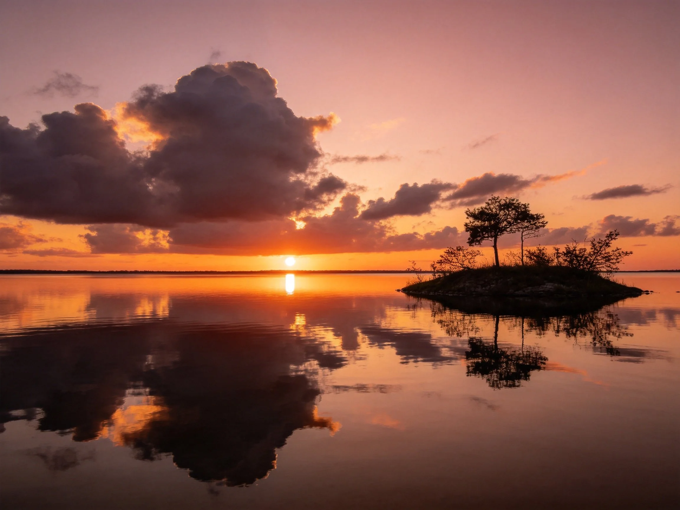 Sunset Over Calm Waters With Silhouetted Island