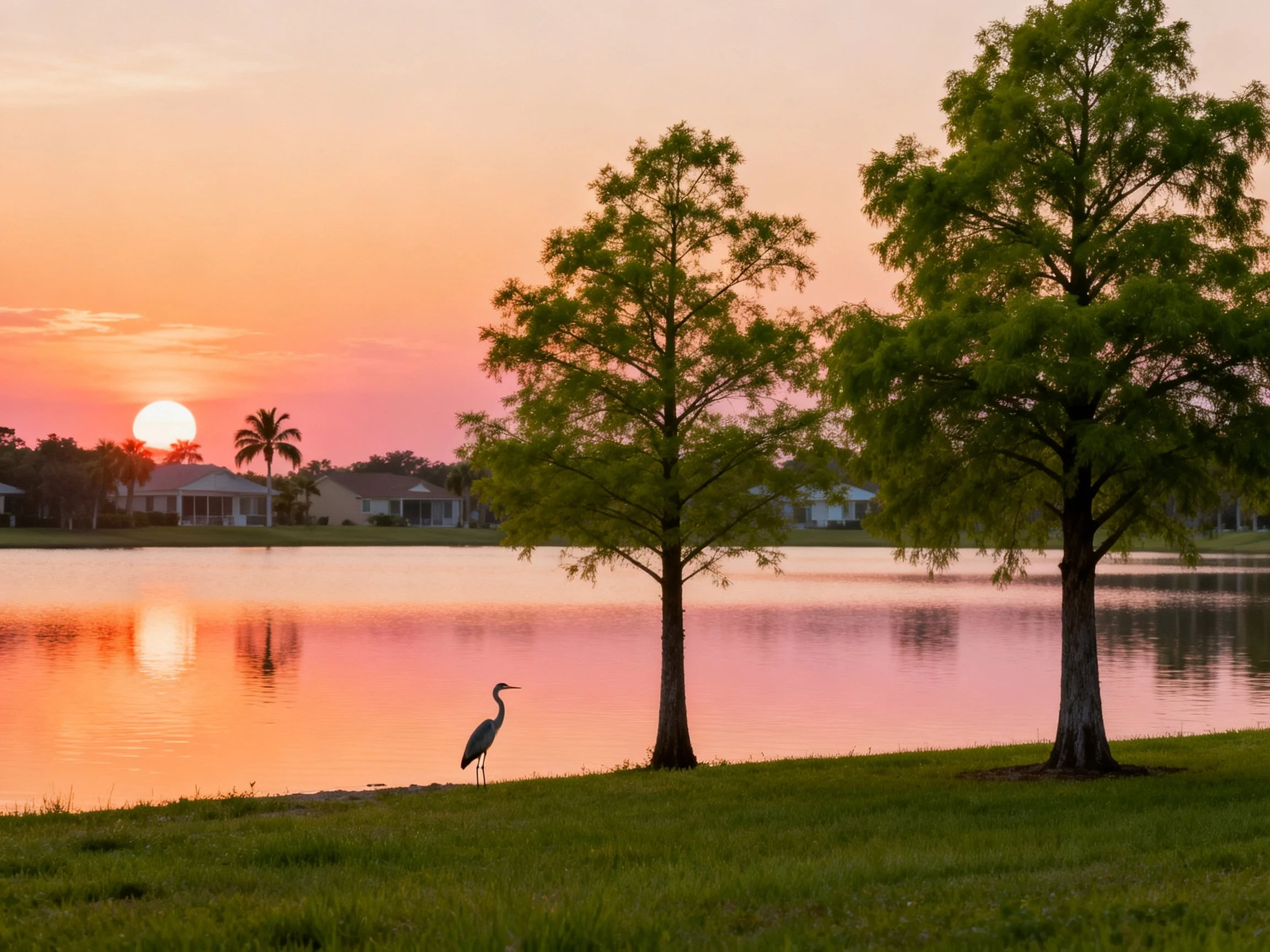 Sunset Over Lake With Trees, Heron, and Homes