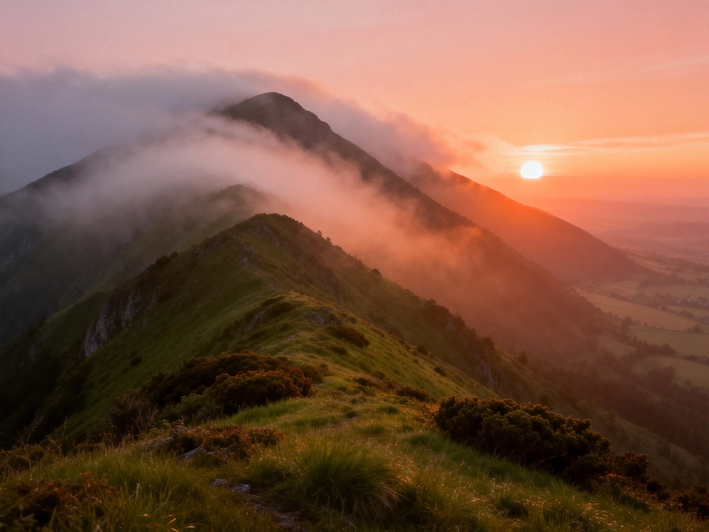 Sunset Over Mist-Covered Mountain Peaks with Green Terrain