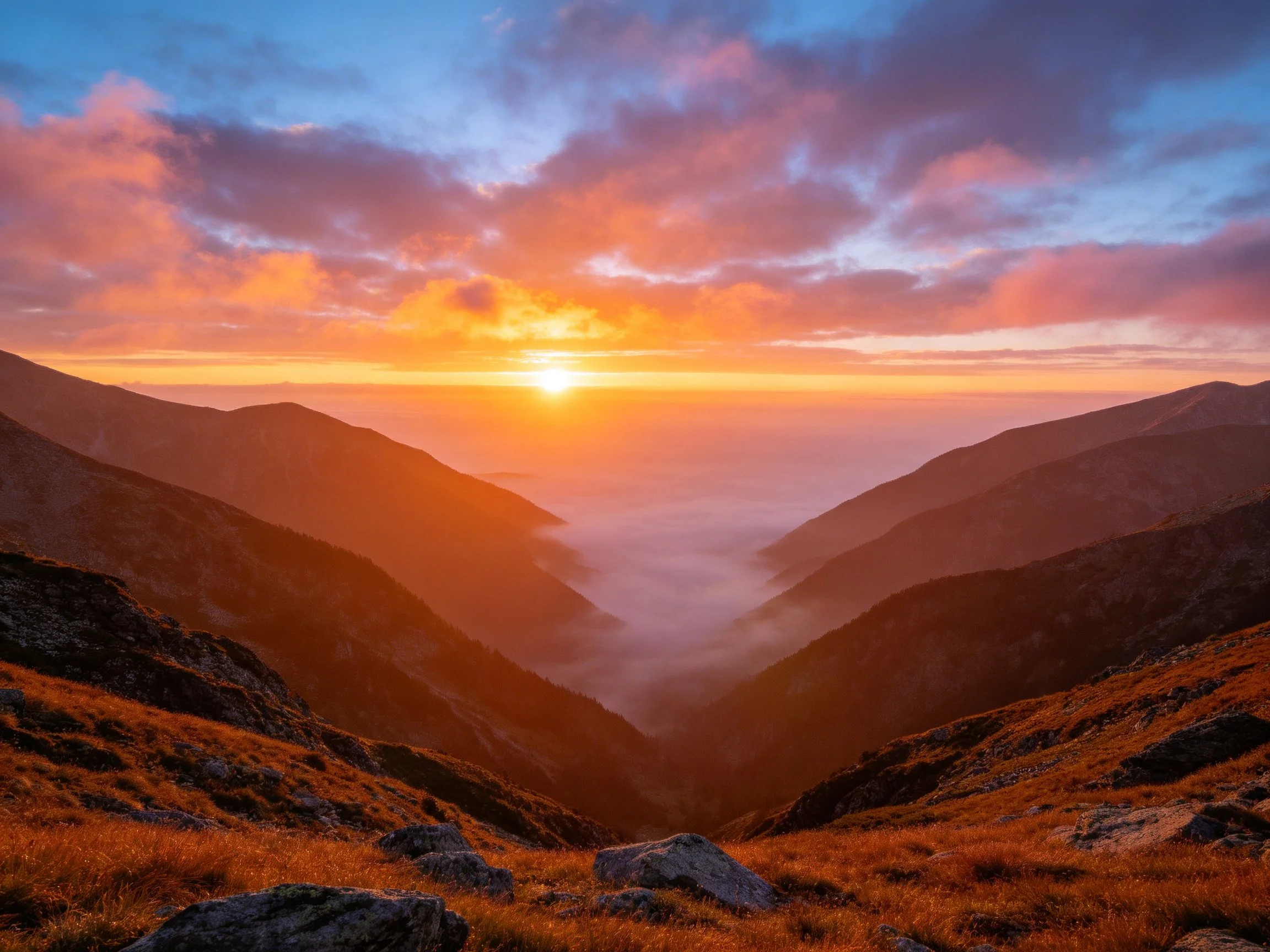 Sunset Over Mountain Valley with Golden Slopes and Misty Valleys