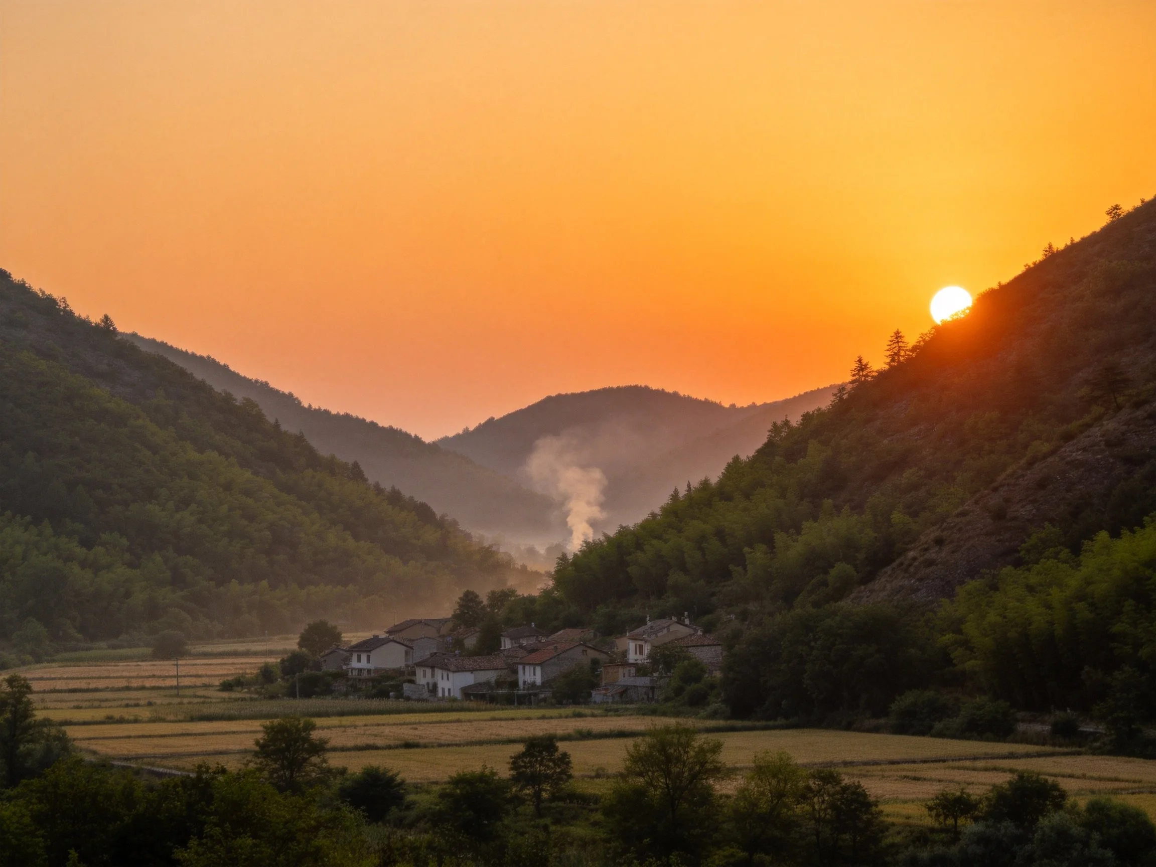 Sunset Over Mountain Valley with Rural Homes