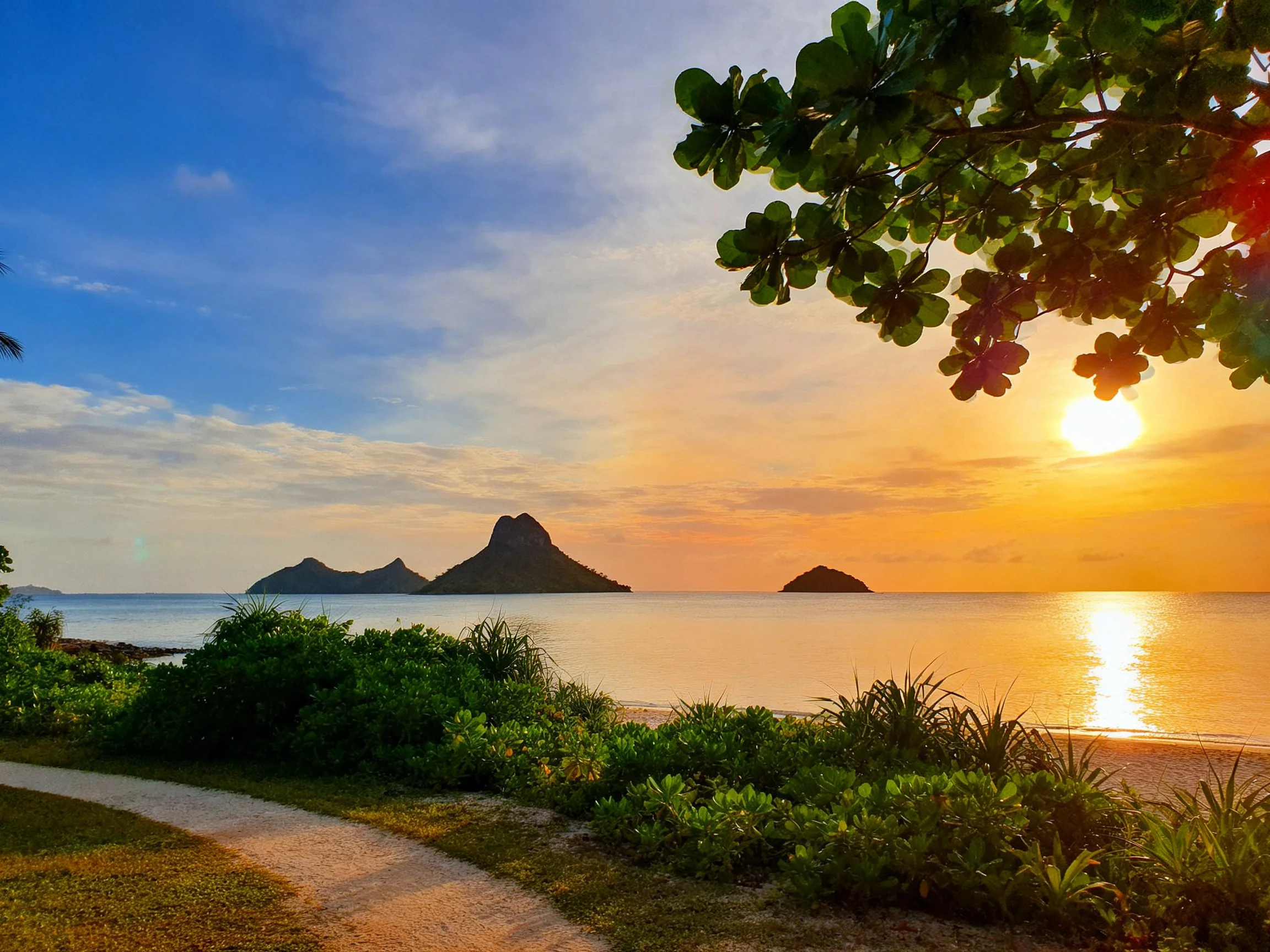 Sunset Over Tropical Beach With Island Formations and Lush Foliage