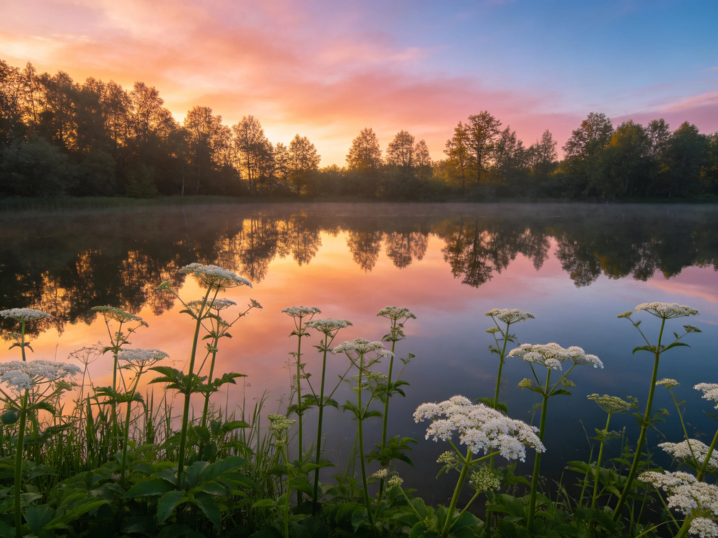 Sunset Reflections Over Calm Lake With Wildflowers