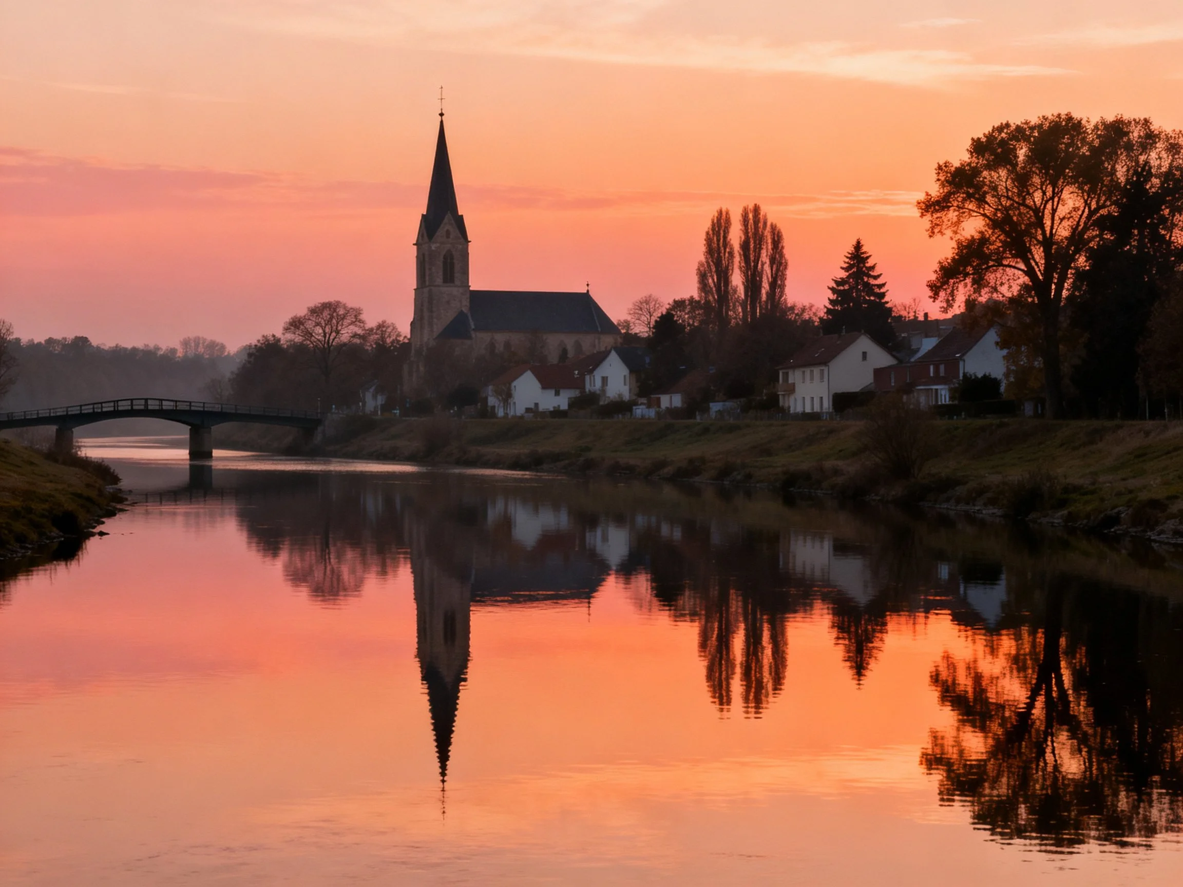 Sunset Reflections Over Riverside Village Church