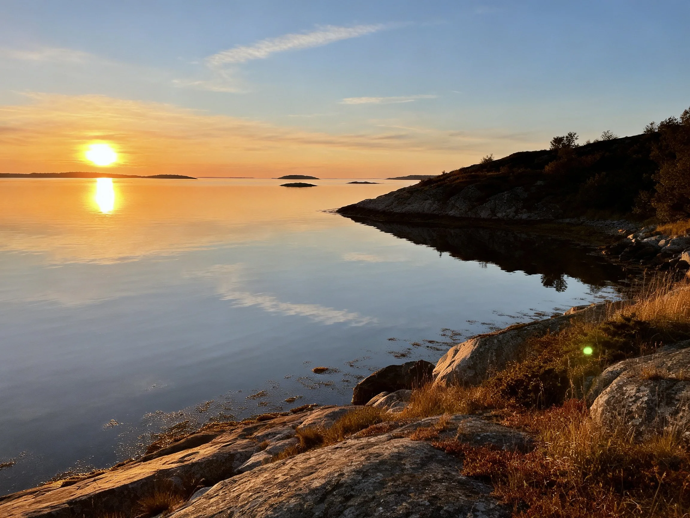 Sunset Reflects on Calm Waters by Rocky Shores