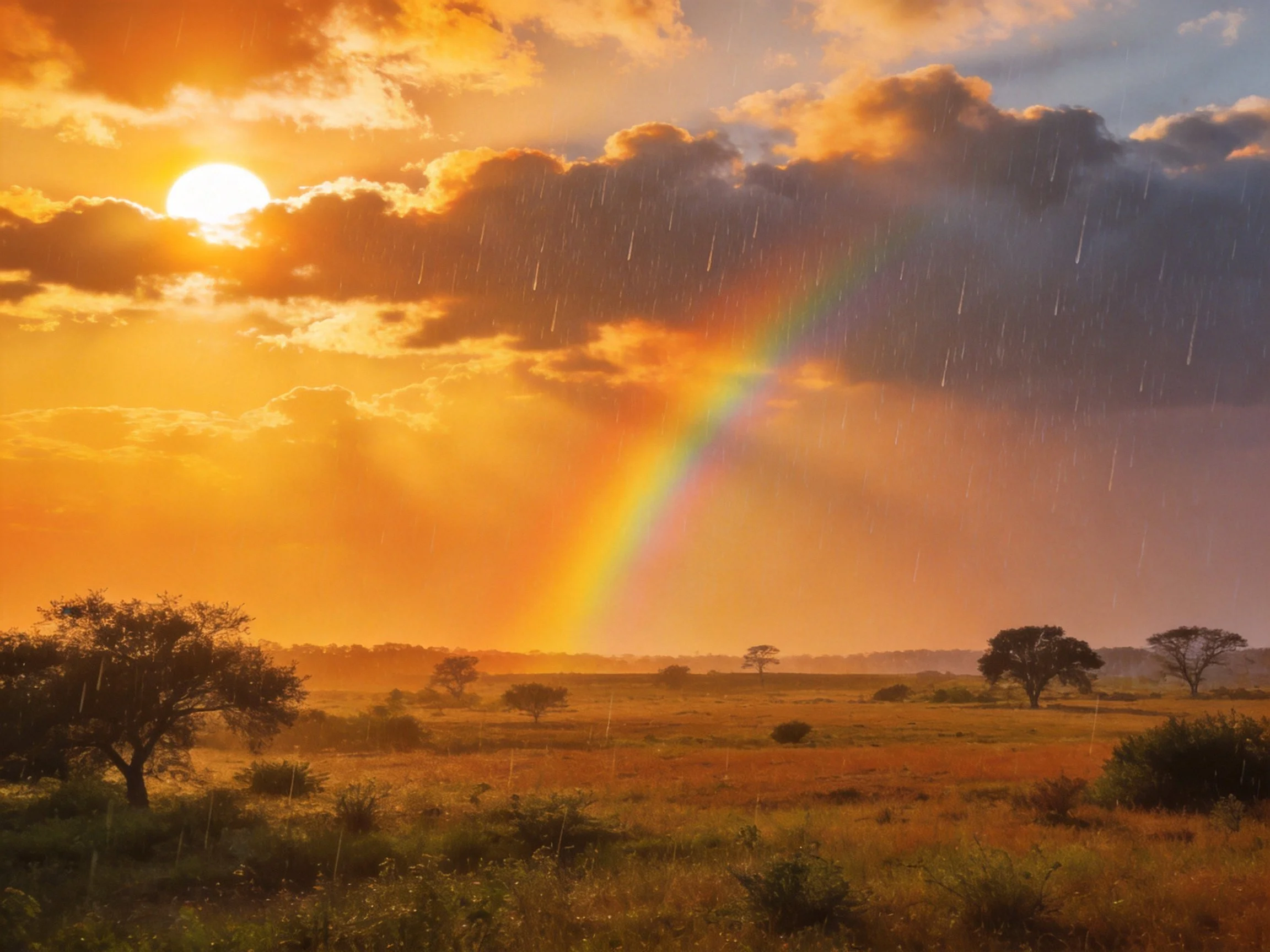 Sunset Storm Over Savannah With Vibrant Rainbow