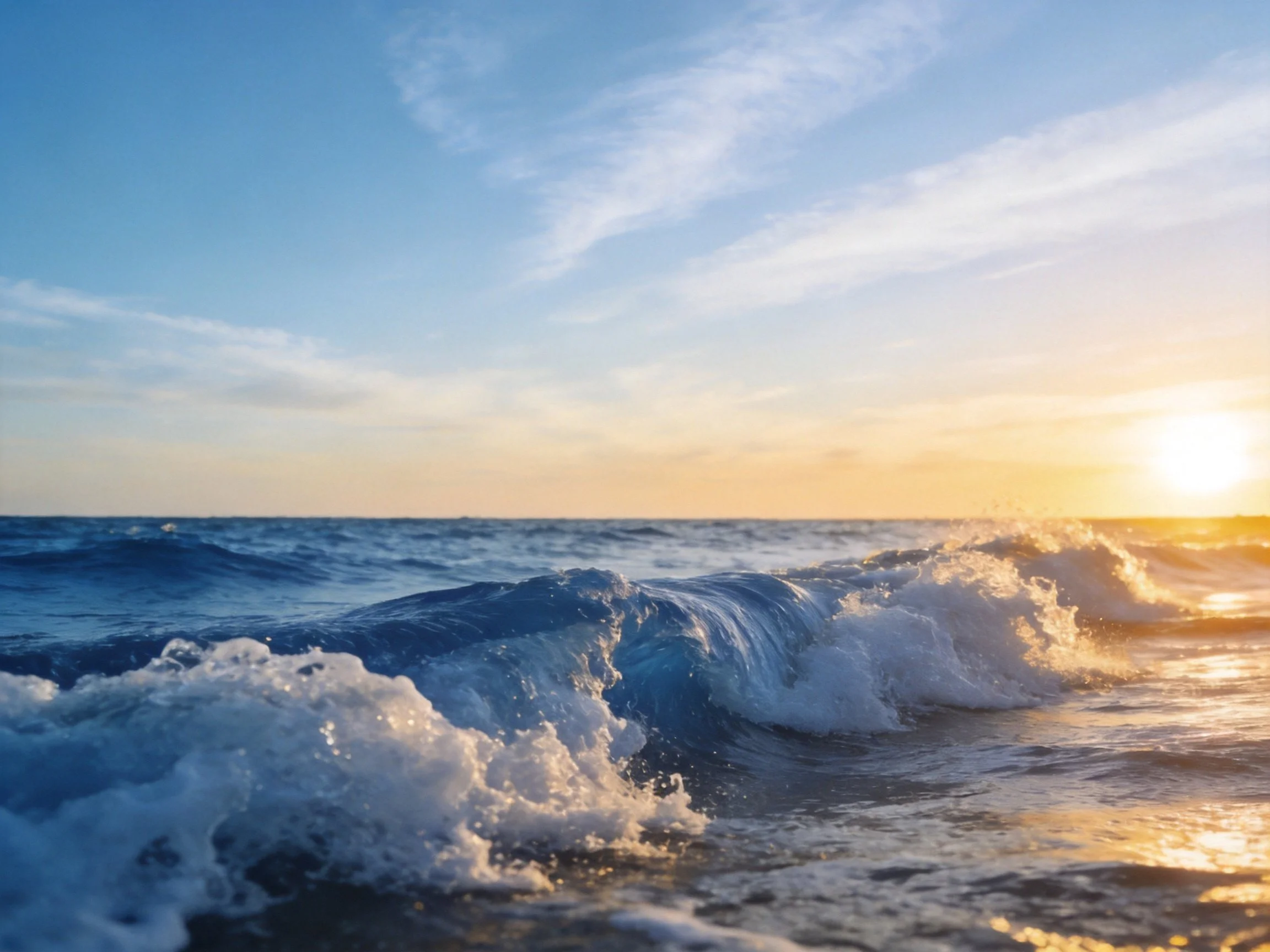 Sunset casts golden light on dynamic ocean waves