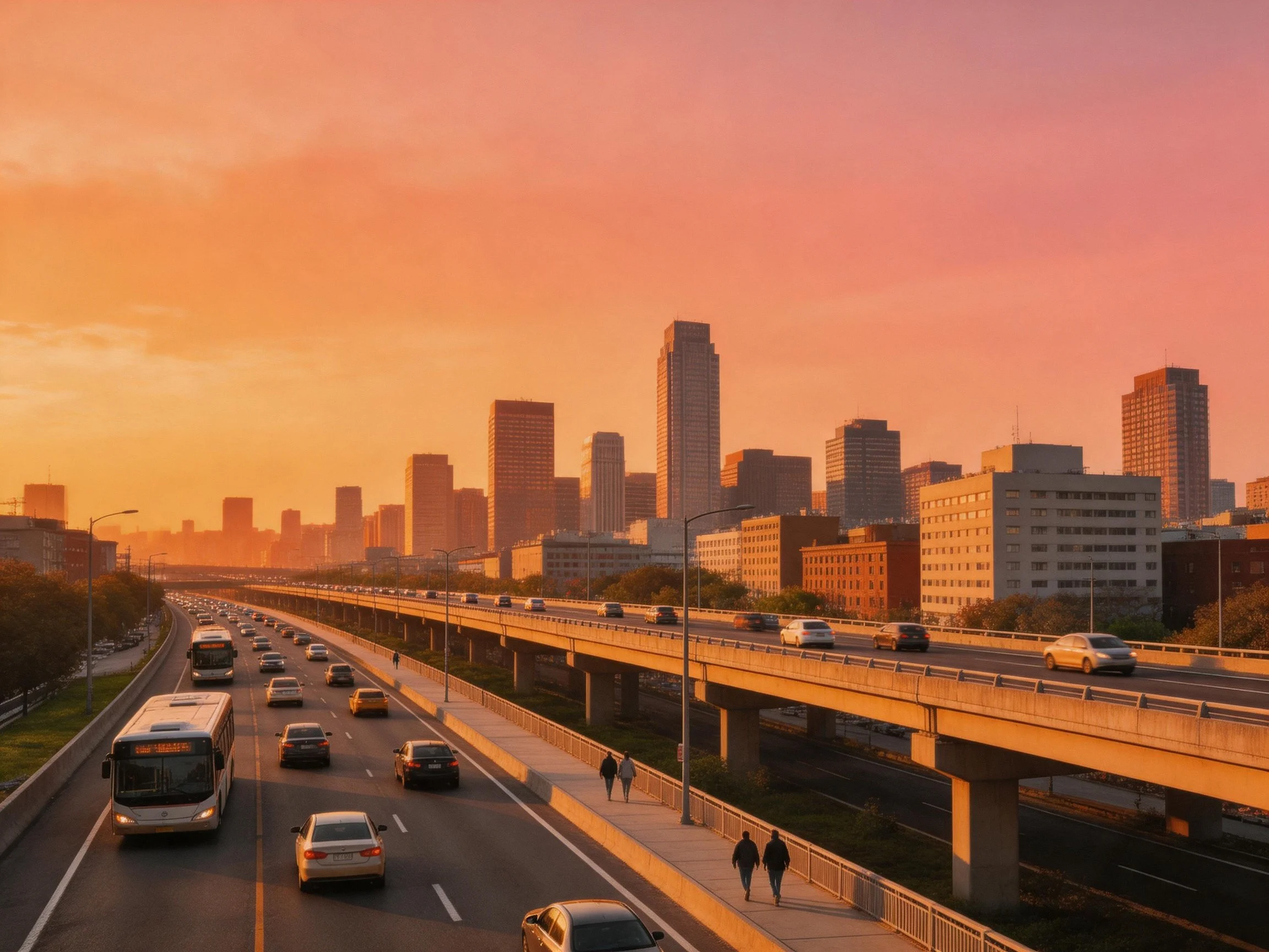 Sunset glow illuminates busy multi-lane highway and city skyline