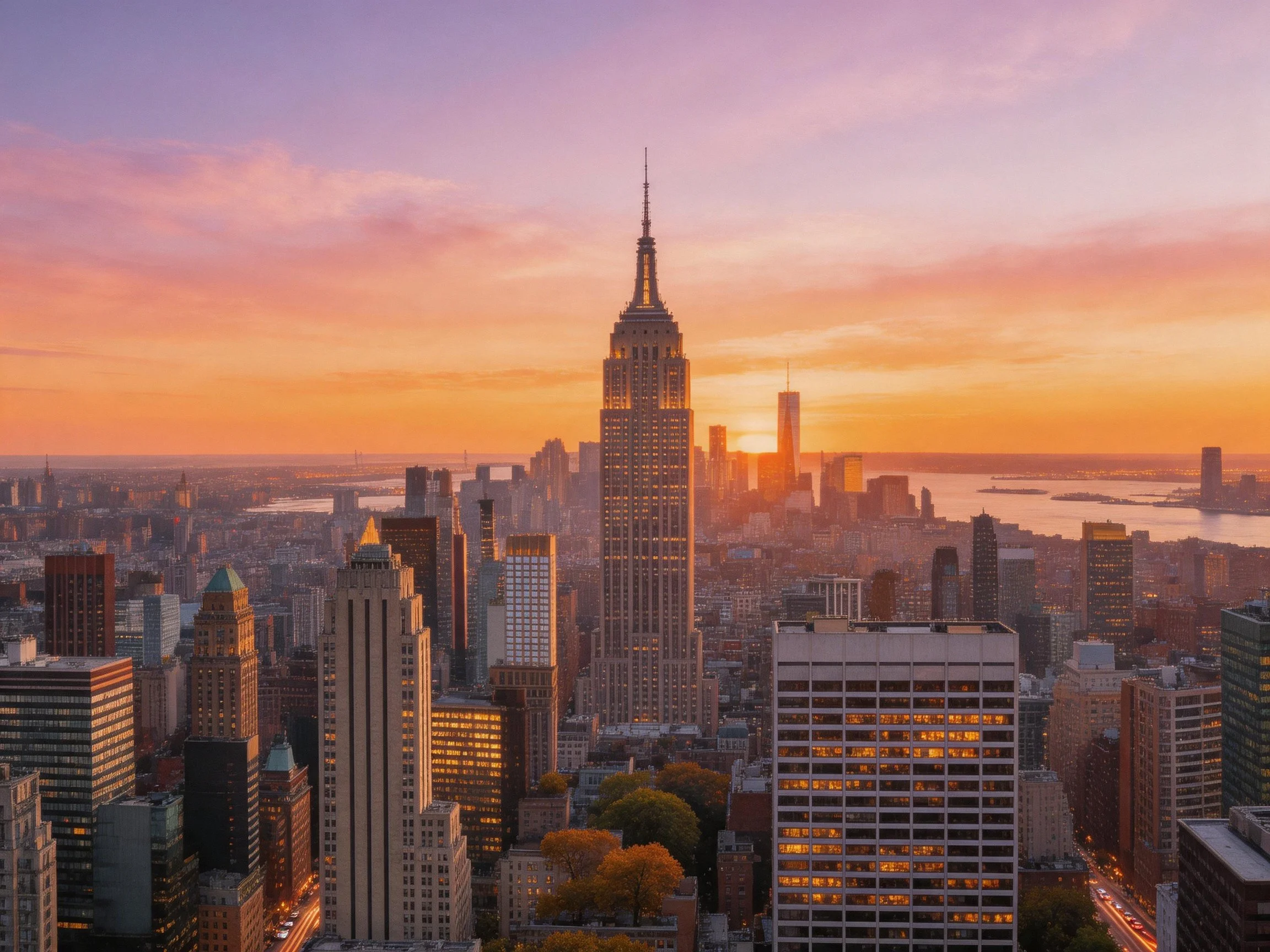 Sunset glow illuminates iconic Manhattan skyscrapers and cityscape